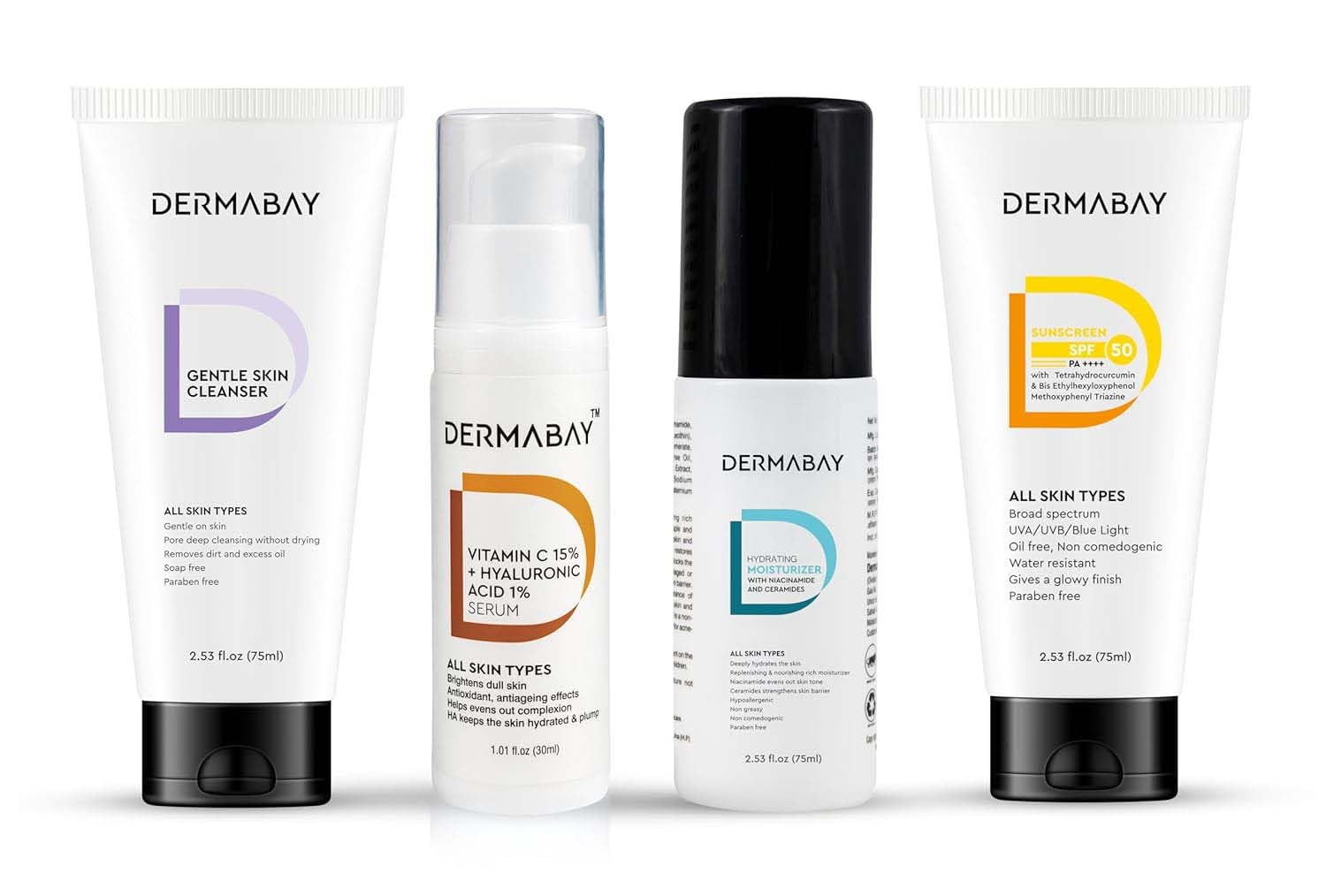 Dermabay Morning Skincare Set - Gentle Cleanser 75ml + Vitamin C Serum 30ml + Moisturizer 75ml with SPF 50 Sunscreen | Complete Daily Routine for Radiant & Hydrated Skin | Perfect for Dry, Sensitive & Combination Skin Types | Morning Facial Care Essentials for Women & Men