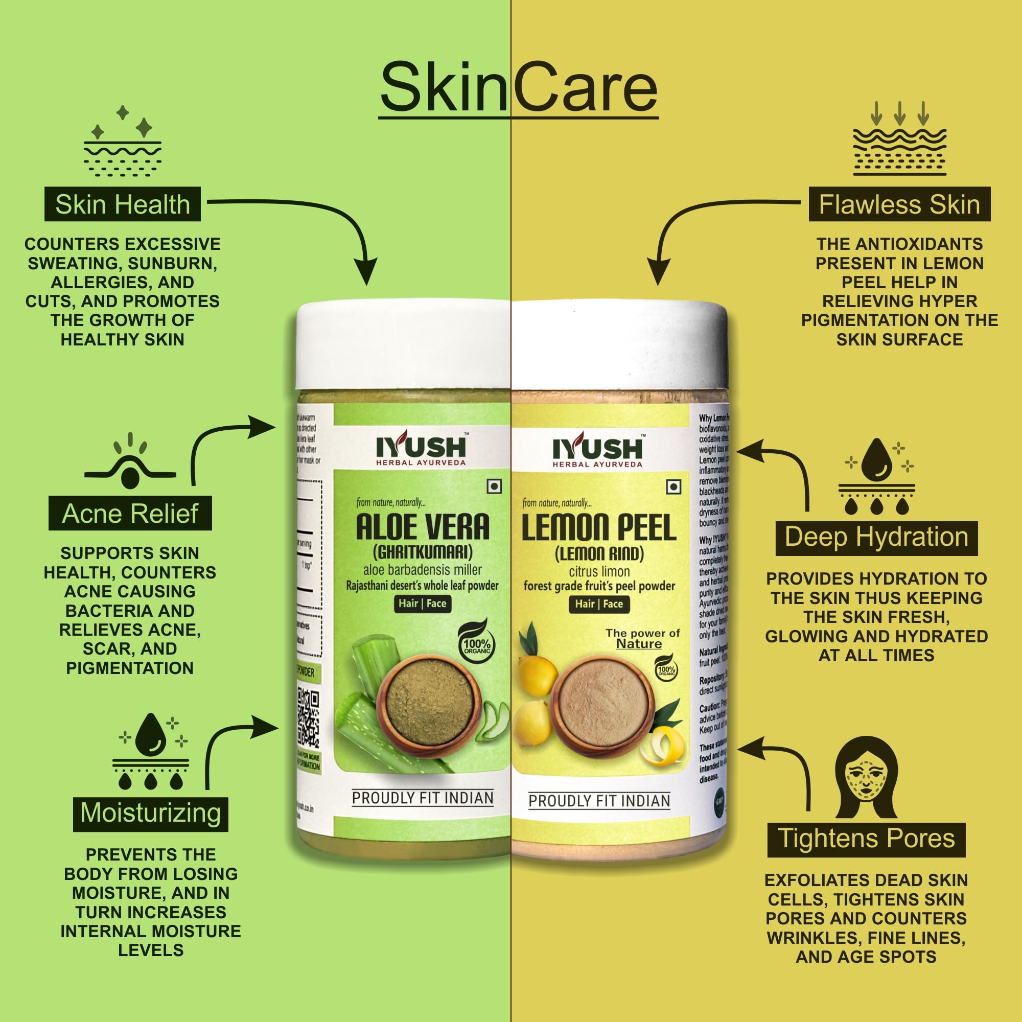 IYUSH Herbal Ayurveda Aloe Vera and Lemon Peel Powder - 100g Each | Natural Skin Care & Hair Treatment | For Face Masks, Hair Growth & Detox Drinks