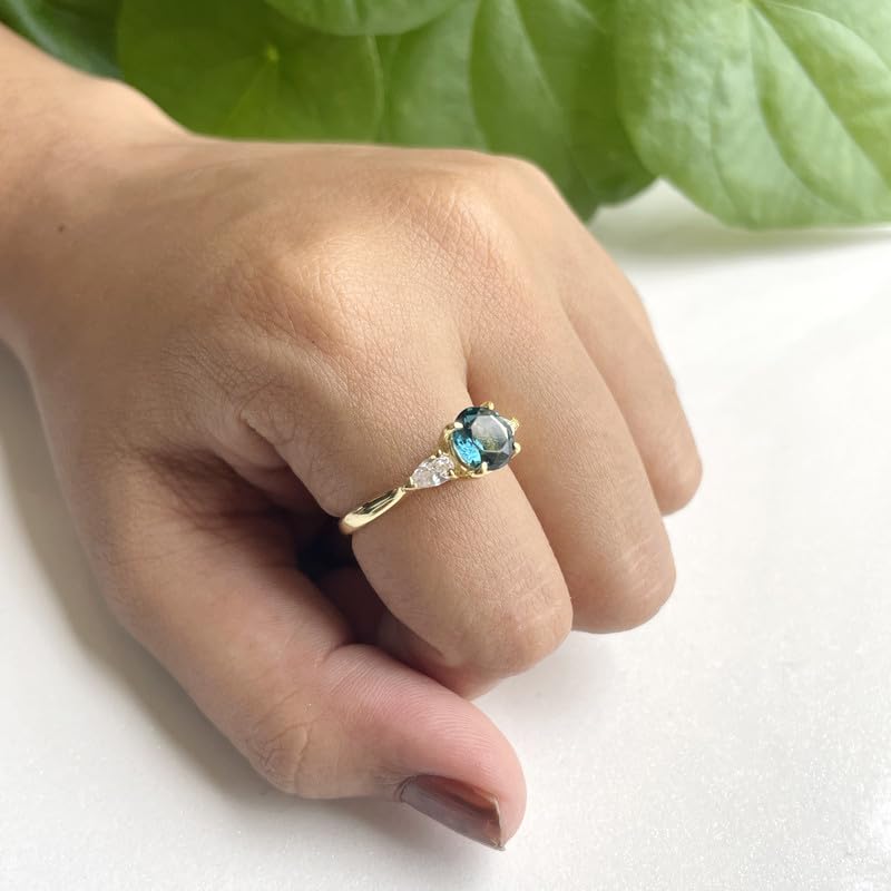 14K Rose Gold London Blue Topaz and White Diamond 3-Stone Engagement Ring for Women | Round & Pear Cut Bridal Proposal Ring | Perfect for Weddings, Anniversaries & Special Occasions
