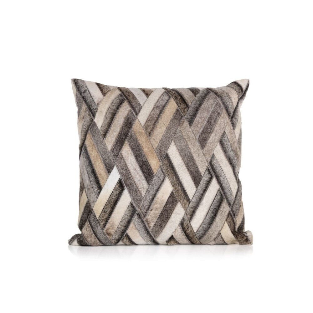 18x18 Inch Aman Leather Patchwork Throw Pillow with Woven Fur Coating - Perfect for Sofa, Bed & Home Decor