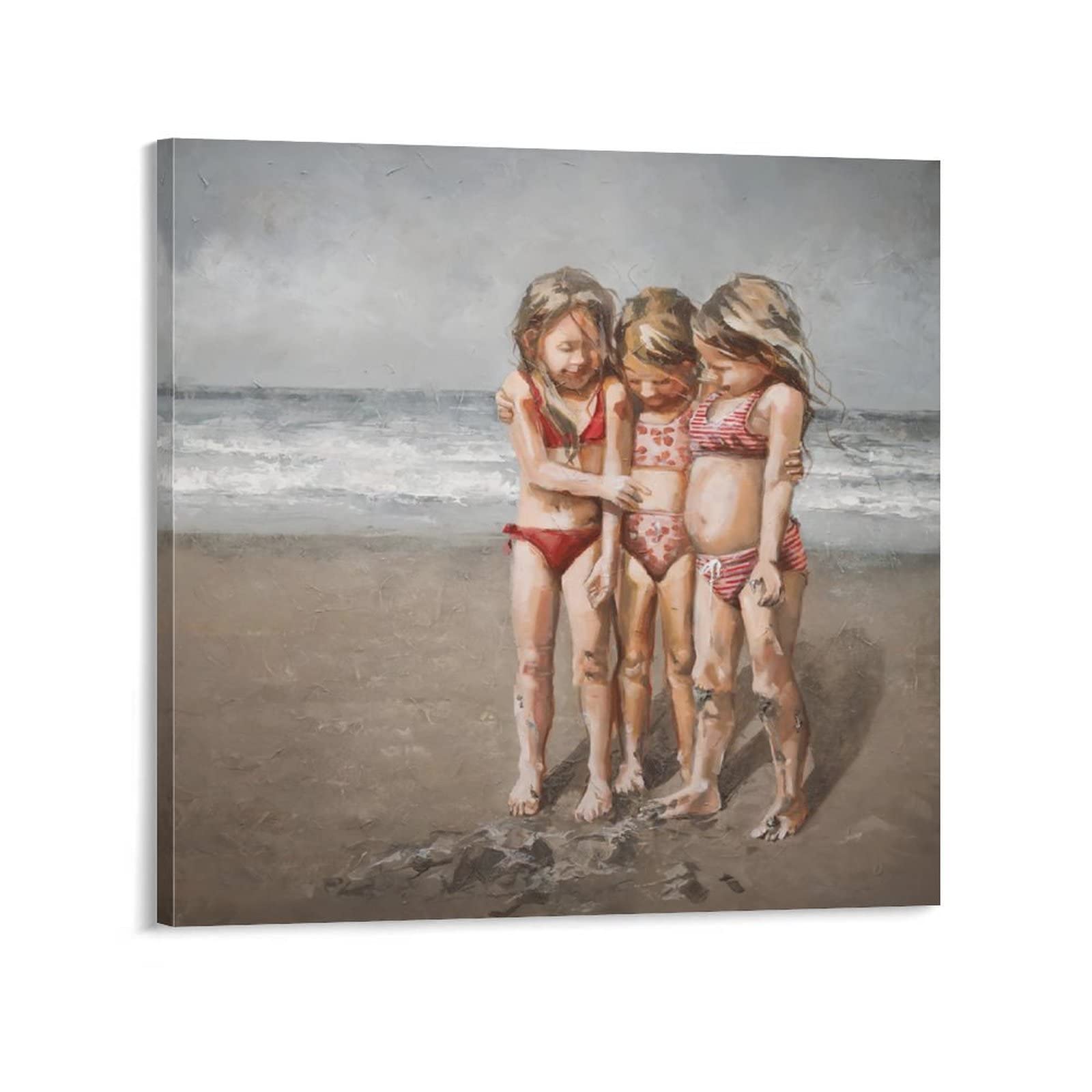 Cute Oil Painting Poster of Three Little Girls Playing on Beach - 16x16 Inch (40x40cm) Canvas Wall Art for Living Room & Bedroom Decor - Perfect for Coastal, Nursery or Kids Room Themes