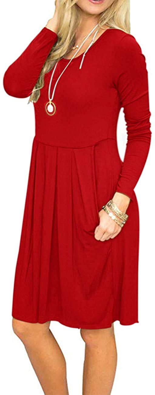 AUSELILY Women's Long Sleeve Pleated Swing Dress - Loose Casual Knee Length Dress with Pockets | 2025 New Collection | Perfect for Work, Date Night & Fall Outfits