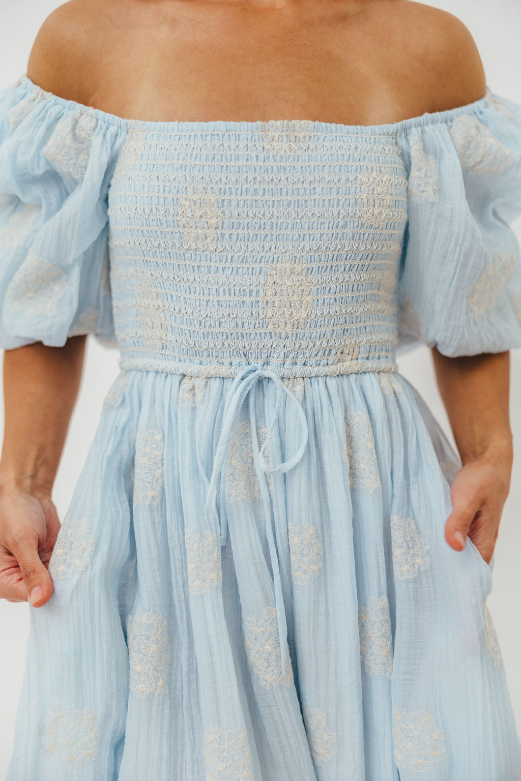 Aimee Women's Blue Floral Smocked Embroidered Midi Dress - Perfect for Summer Weddings, Garden Parties & Casual Outings