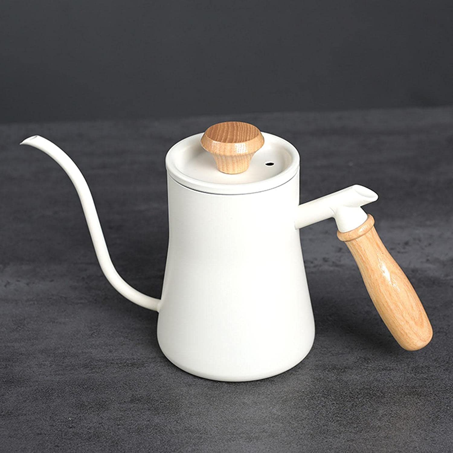 Premium Stainless Steel Gooseneck Tea Kettle with Wooden Handle - Long Spout Drip Kettle for Espresso, Moka & Pour Over Coffee - Perfect for Office, Home & Stovetop Use (White)