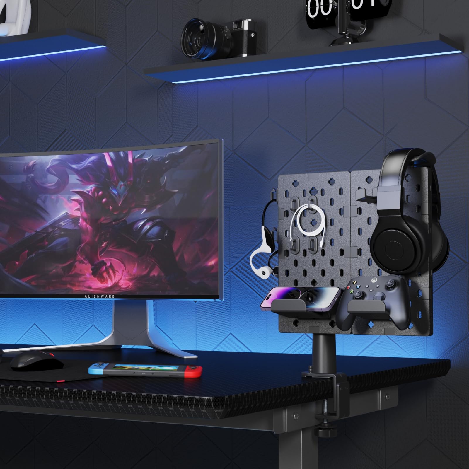 PEGZONE Rotating Gaming Headphone & Controller Holder - Modular Desk Organizer Stand for Xbox PS5 PS4 Nintendo Switch with Cable Hooks & 2 Pegboards (Black) - Perfect for Gaming Setup & Desk Organization