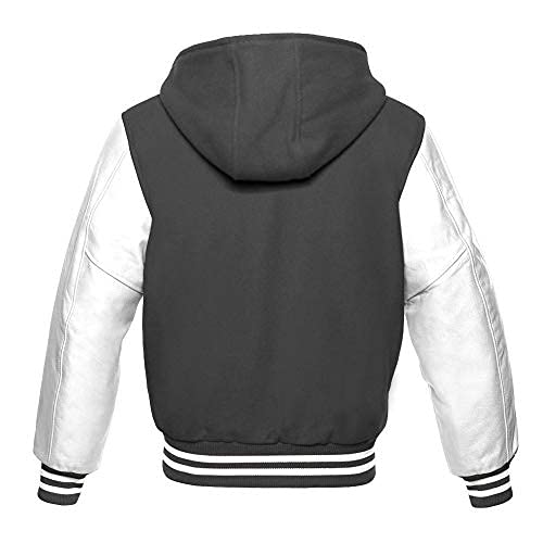 Premium Wool Varsity Hoodie Jacket with Genuine White Leather Sleeves - Baseball Letterman Bomber School Style for Men & Women | Perfect for Sports, Casual Wear & College Fashion