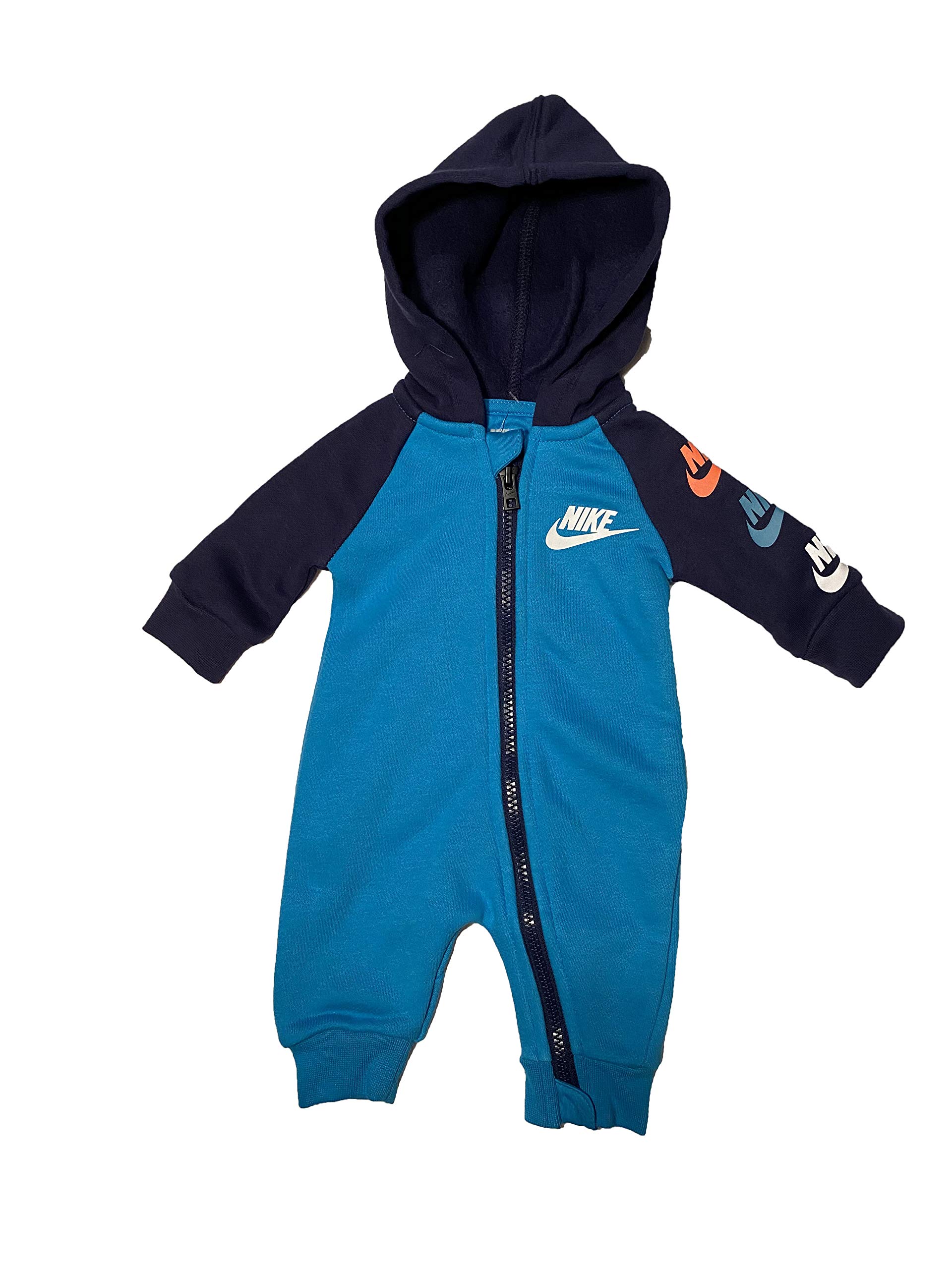 Nike Baby's Futura Long Sleeve Full Zip Hooded Coverall - Light Current Blue/Navy - 0-3 Months - Soft Cotton Infant Jumpsuit for Cozy Outings & Playtime