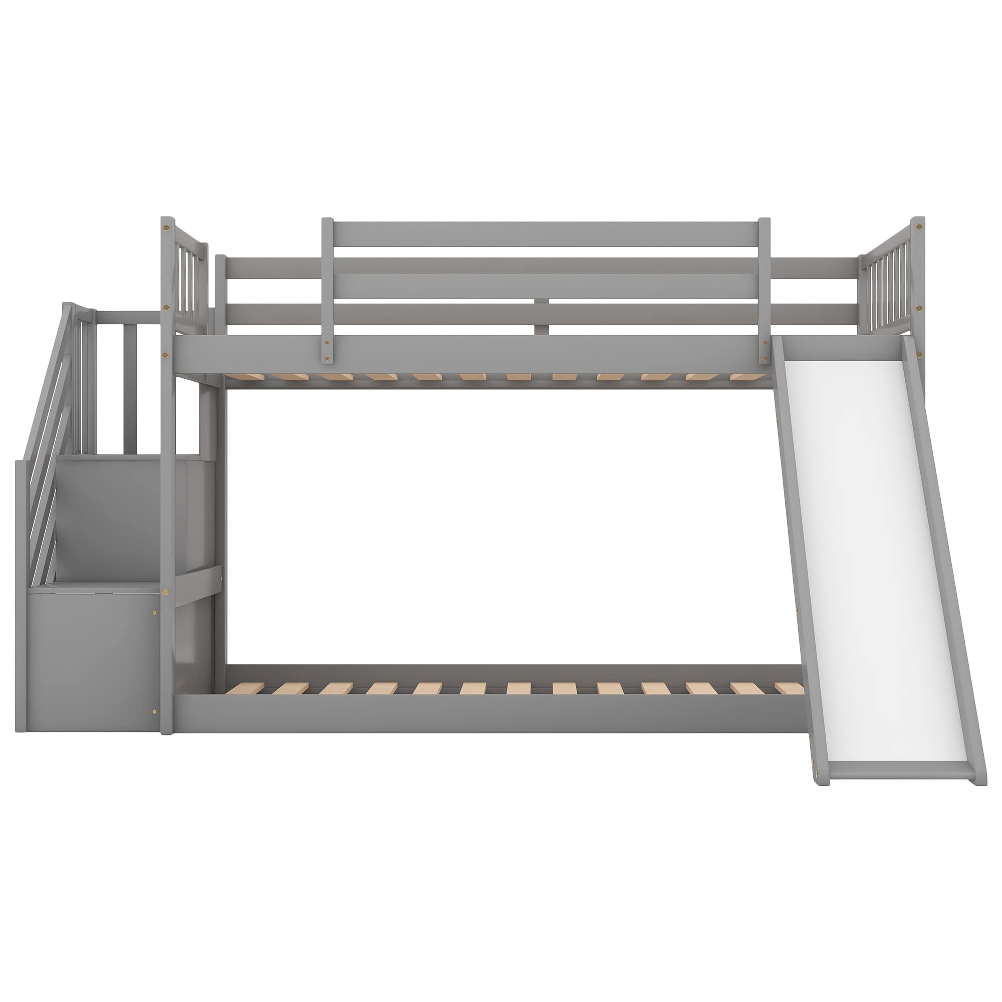 **Twin Over Twin Bunk Bed with Slide & Storage Staircase - Wooden Kids Bunk Bed Frame with Guardrails, No Box Spring Needed, Grey - Perfect for Kids' Bedrooms, Guest Rooms & Space-Saving Solutions**