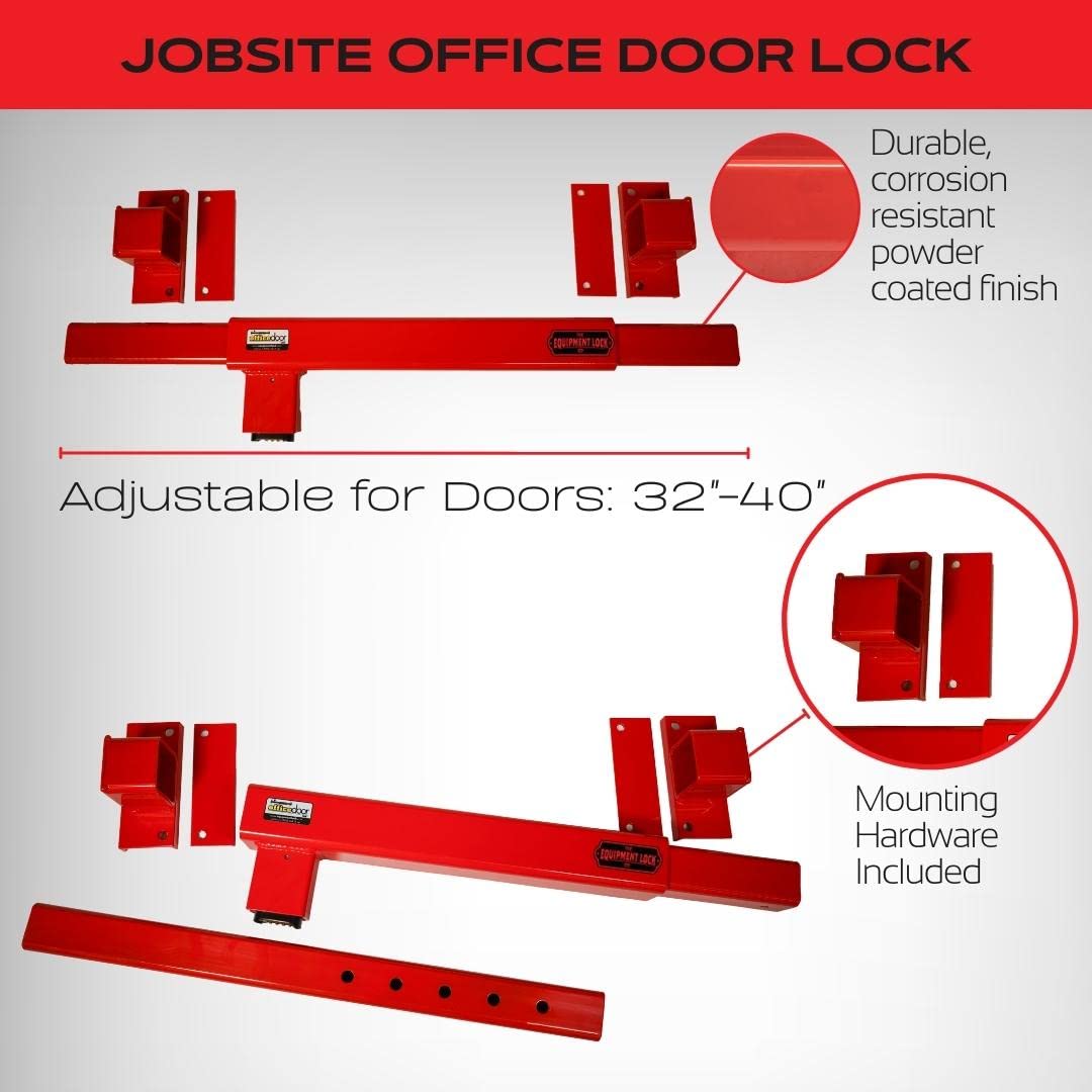 JODL Steel Job Site Door Lock - Heavy Duty Universal Theft Protection Security Bar Lock for Office Trailers, Warehouse & Exterior Doors - Adjustable Red Security Equipment (Perfect for Construction Sites, Storage Facilities & Temporary Buildings)