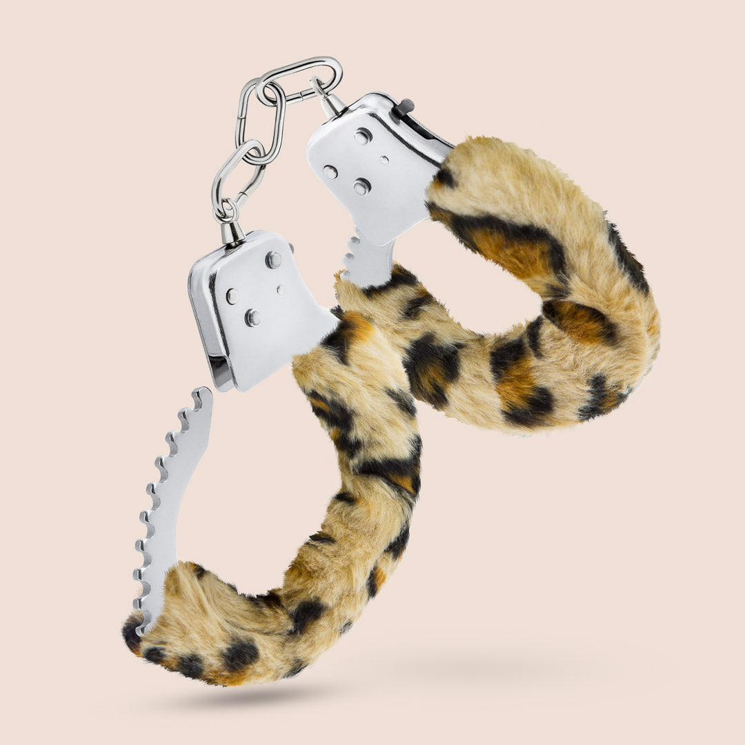 Temptasia Fluffy Leopard Print Handcuffs - Soft Faux Fur Cuffs for Couples, Role Play, Bachelorette Parties & Spicy Bedroom Fun