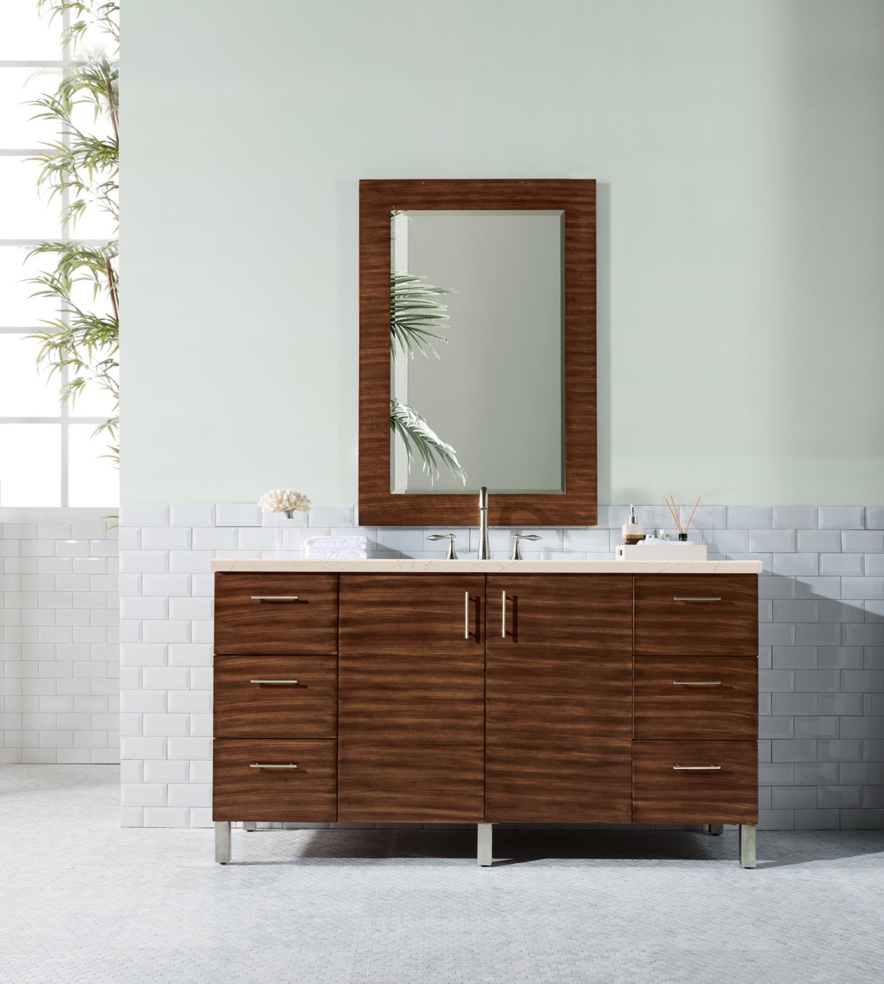Metropolitan 60 Inch Single Bathroom Vanity with American Walnut Finish & 3CM Eternal Marfil Quartz Countertop - Perfect for Modern Master Bathrooms and Powder Rooms