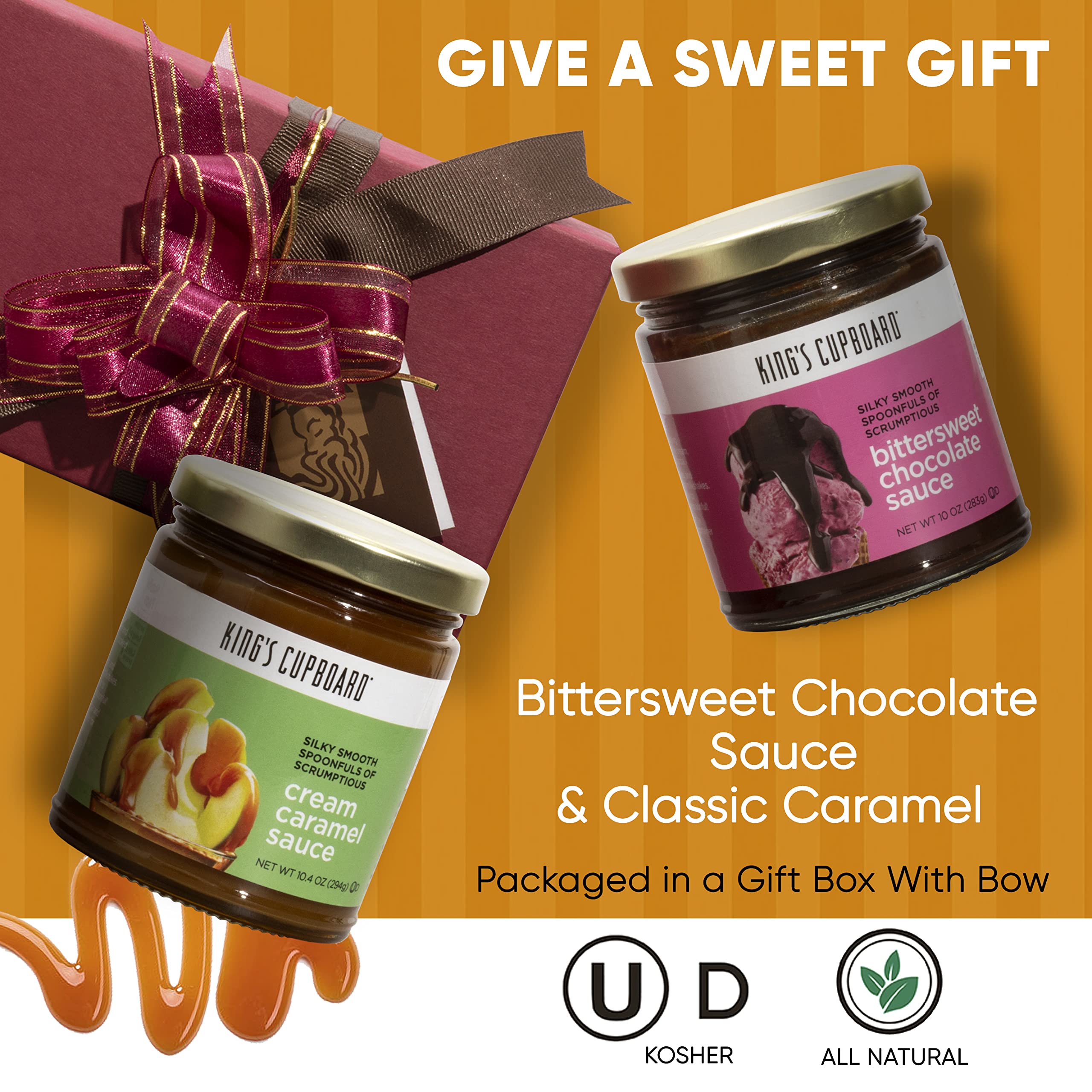 King's Cupboard Ice Cream Toppings Gift Set - 2 Jars of Cream Caramel & Bittersweet Chocolate Sauce | Gourmet Dessert Topping for Ice Cream, Fruit Dip, Coffee Syrup, Pancakes & Waffles | Perfect for Parties, Gifts & Home Desserts