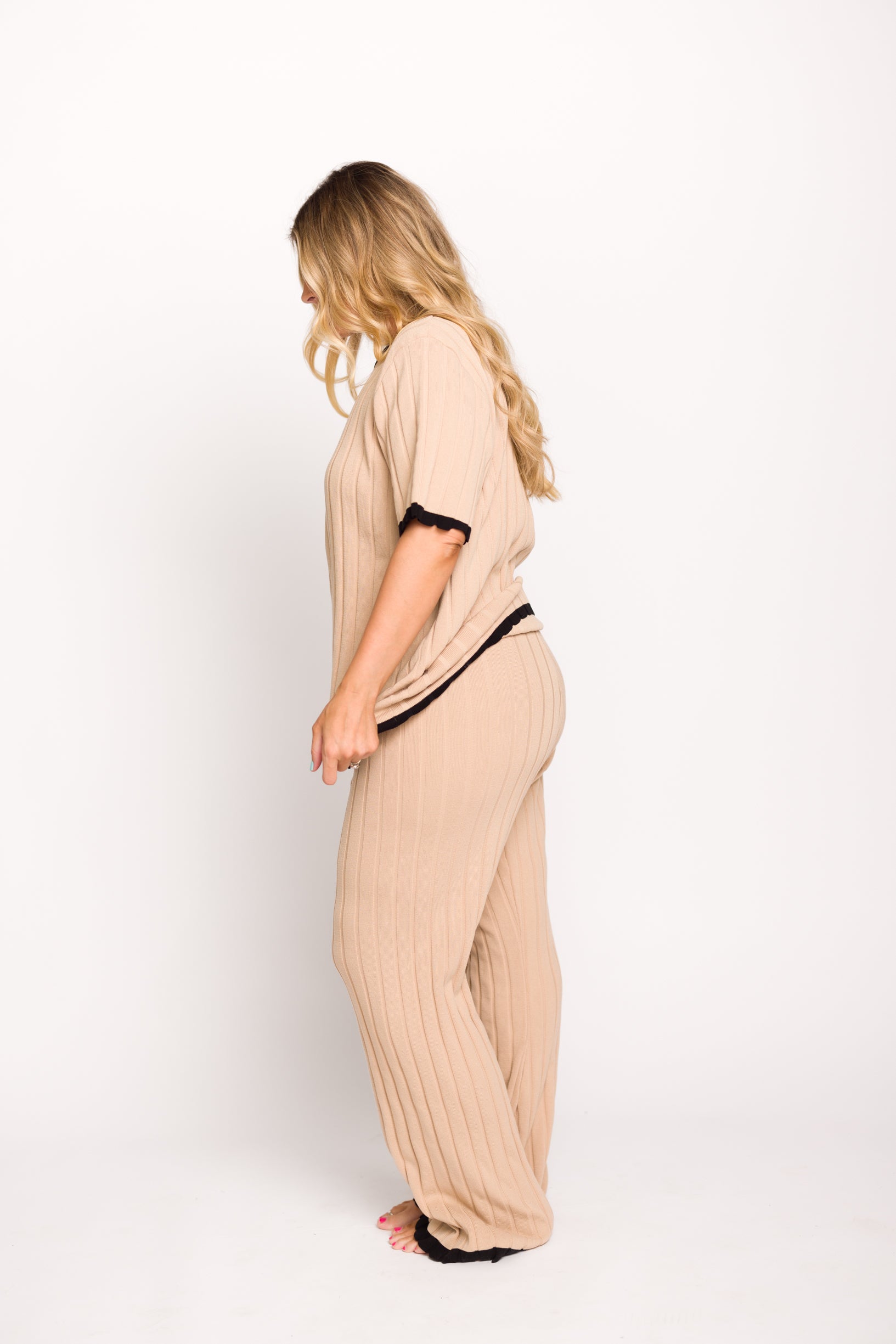 Adele Ribbed Knit Top and Pants Set - Light Taupe Women's Casual Outfit for Fall & Winter | Perfect for Work, Date Night & Weekend Wear
