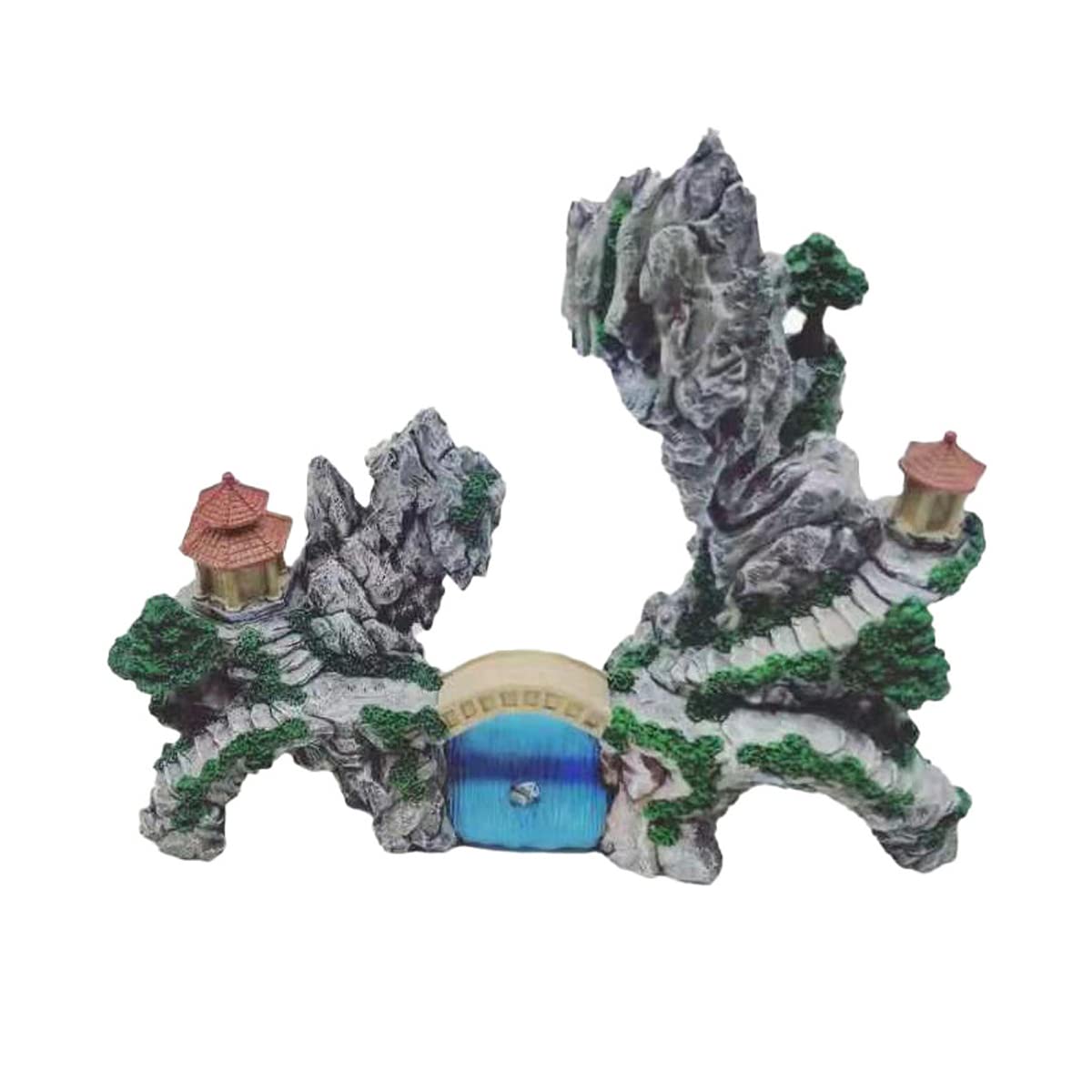 Natural Resin Aquarium Decor - Mountain View Tree House Cave Bridge Fish Tank Ornament (8.7x3x7.5 Inch) for Betta, Goldfish & Tropical Fish Tanks - Perfect for Aquascaping & Underwater Landscape Design