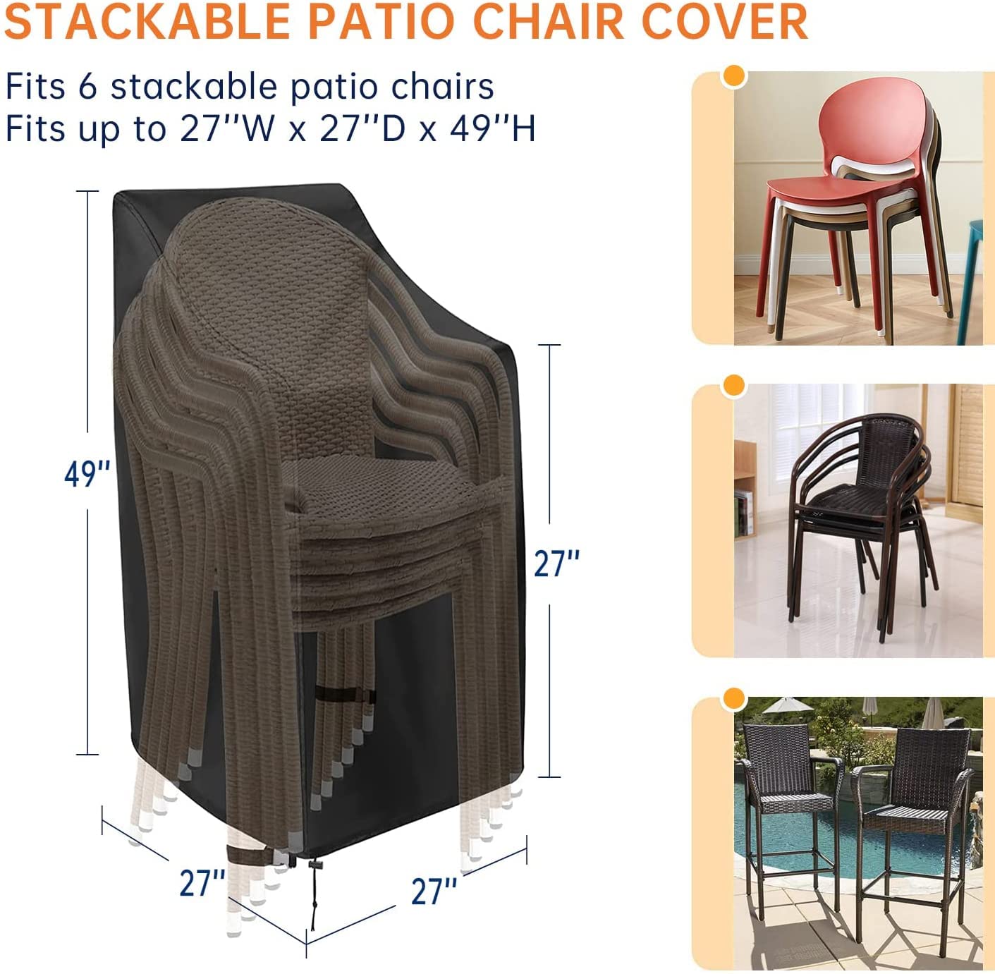 Waterproof 600D Heavy Duty Outdoor Chair Covers for Patio, High Back Stackable Dining Chairs - Fits 4-6 Chairs (27