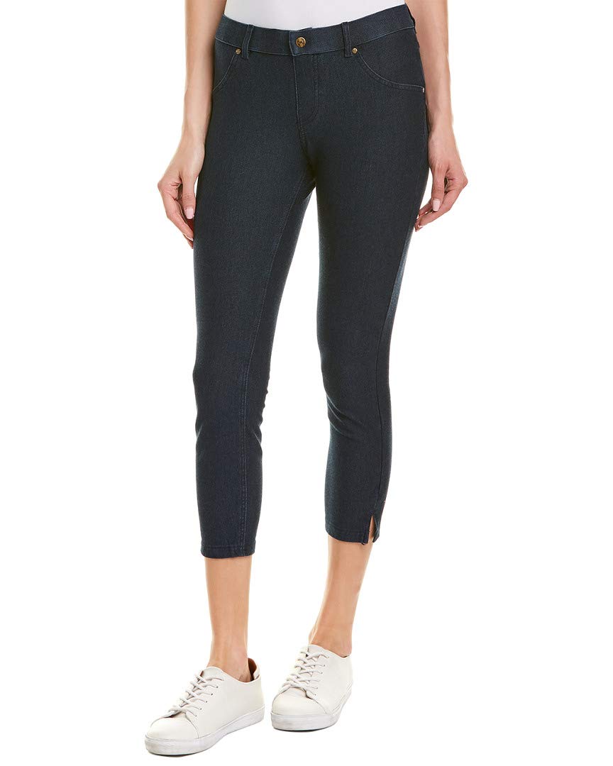 HUE Essential Denim Ankle Slit Capri Legging for Women - Size L, Deep Indigo Wash - Stretchy Comfort Fit, Casual & Workout Wear