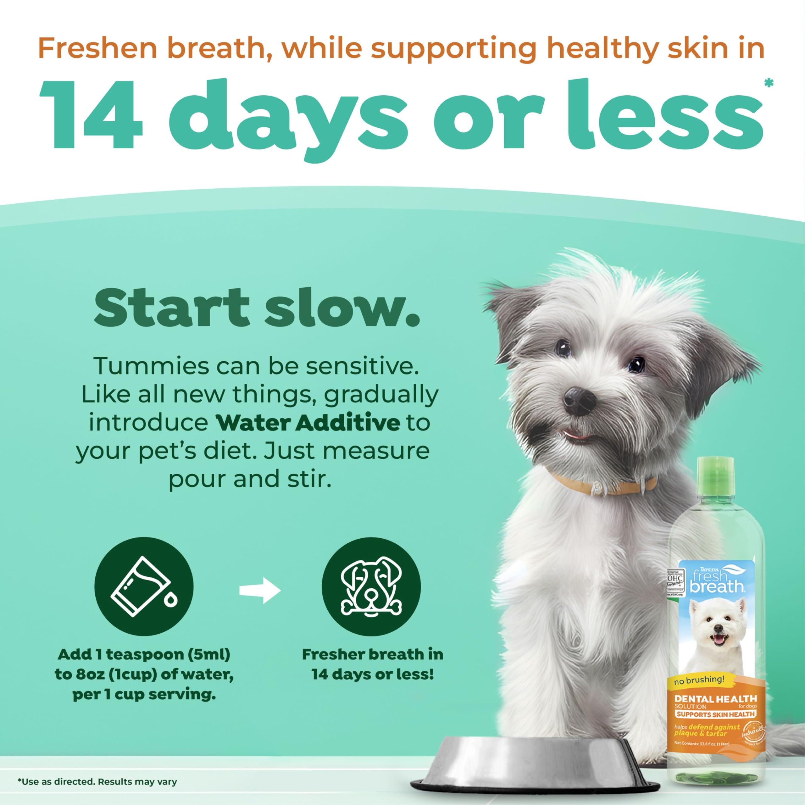 TropiClean Fresh Breath Water Additive for Dogs with Omega 3 & 6 - Dog Dental Care Solution for Teeth Cleaning & Skin Health | 33.8oz | Promotes Oral Hygiene & Healthy Coat | Ideal for Daily Water Bowl Use