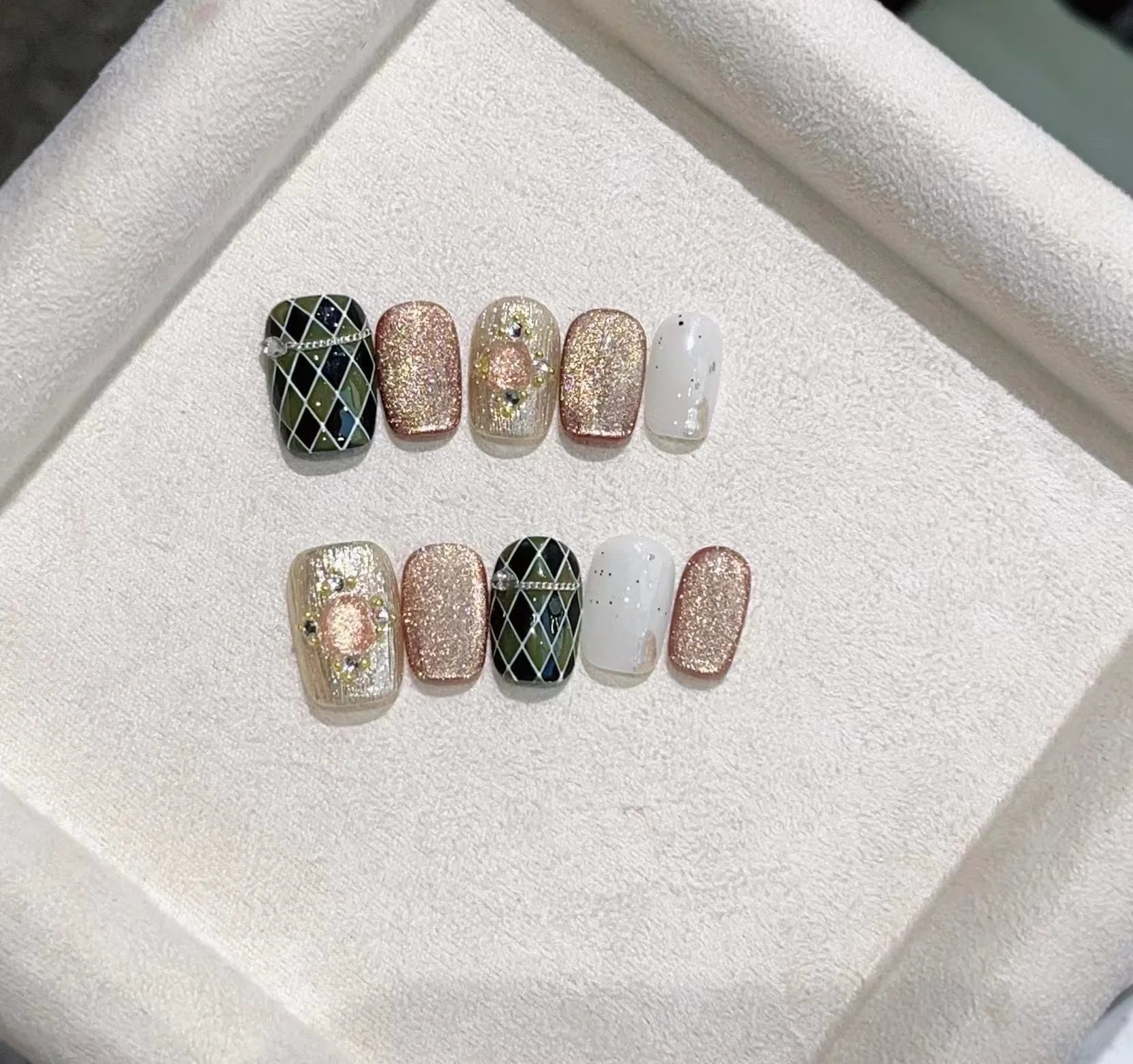 10Pcs Short Square Emerald Green Press on Nails with Gold Glitter - Handmade Fake Nails with Black Rhombus & Pearl Accents for Manicure | Perfect for Parties, Weddings & Special Occasions