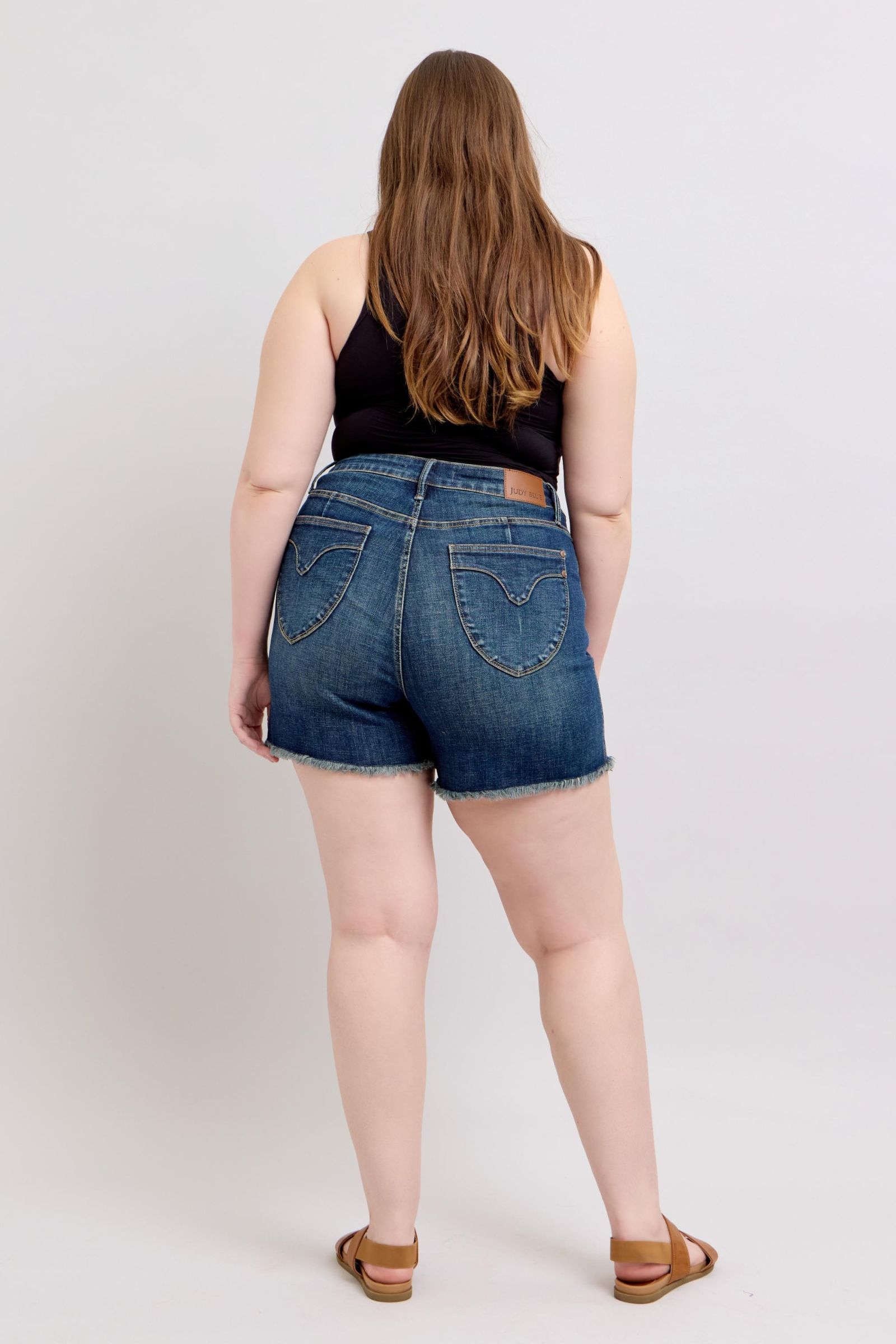 Judy Blue High Waisted Tummy Control Denim Shorts with Frayed Hem & Back Pockets | Women's Stretchy Comfort Jeans for Summer, Beach, and Casual Outfits