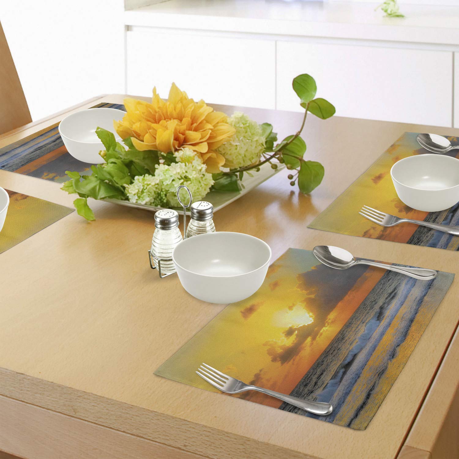 Ambesonne Ocean Place Mats Set of 4 - Brazilian Beach Sunrise Design with Sun Rays Through Clouds Over Sea, Washable Fabric Dining Table Placemats (Standard Size, Orange & Grey) - Perfect for Coastal Decor, Kitchen, and Outdoor Entertaining