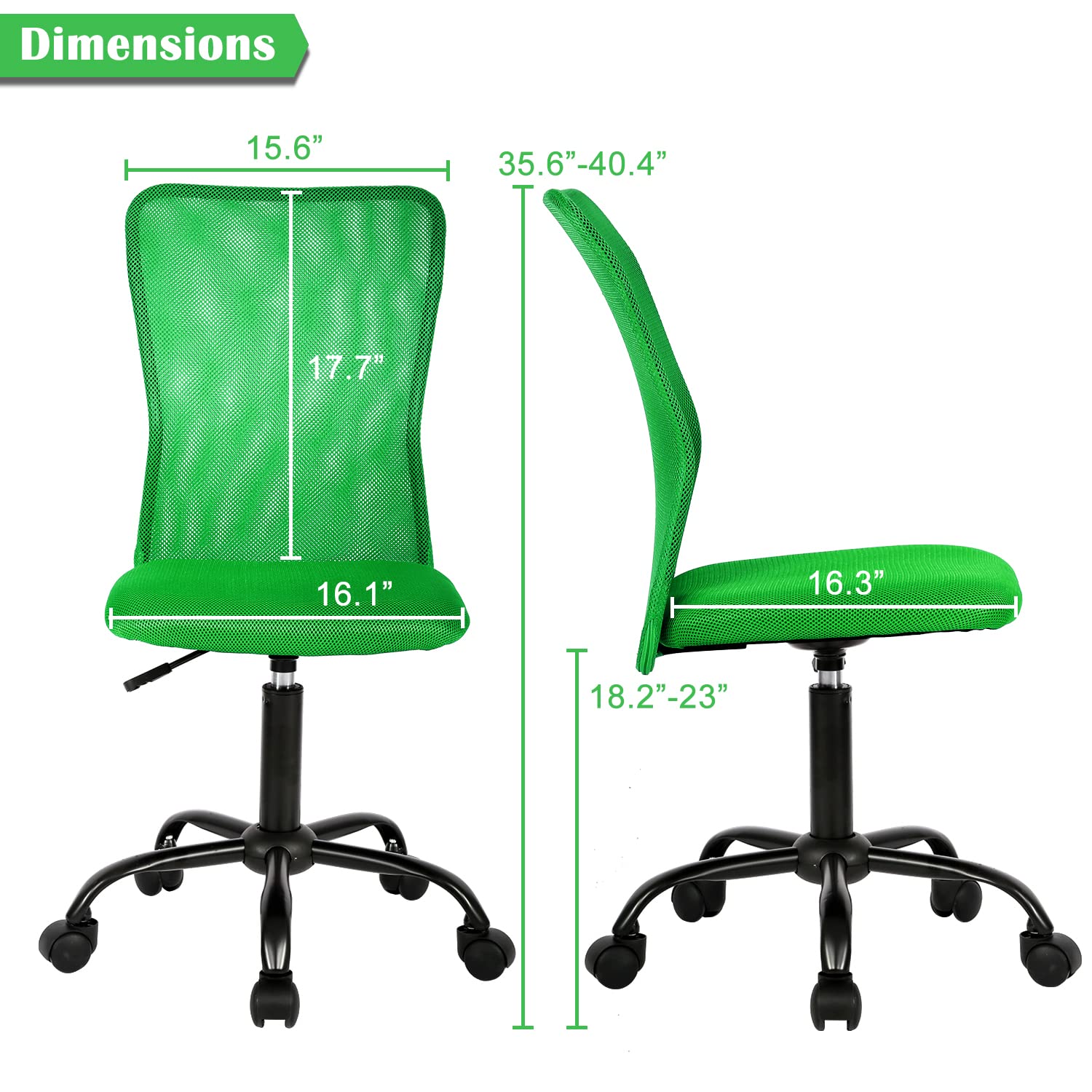 Ergonomic Mid Back Mesh Office Chair - Adjustable Armless Computer Desk Chair with Breathable Mesh Back, Green - Perfect for Home Office, Gaming & Workspace Comfort
