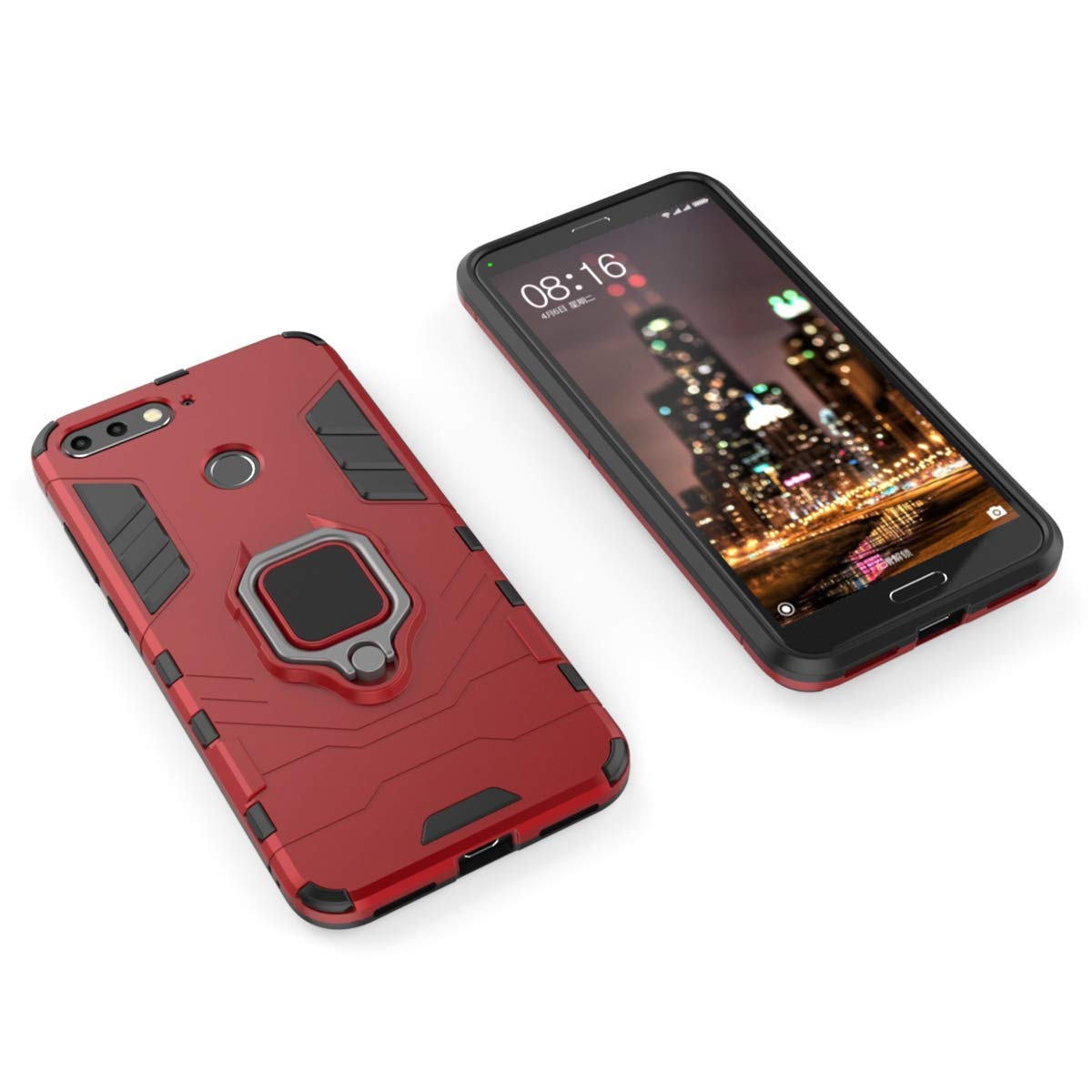 LuluMain Huawei Y6 (2018) Case & Honor 7A Phone Cover - Shockproof Hard Bumper with Metal Ring Grip & Kickstand | Magnetic Car Mount Compatible | Dual Layer Rugged Protection (Red) - Perfect for Outdoor Activities, Travel & Daily Use