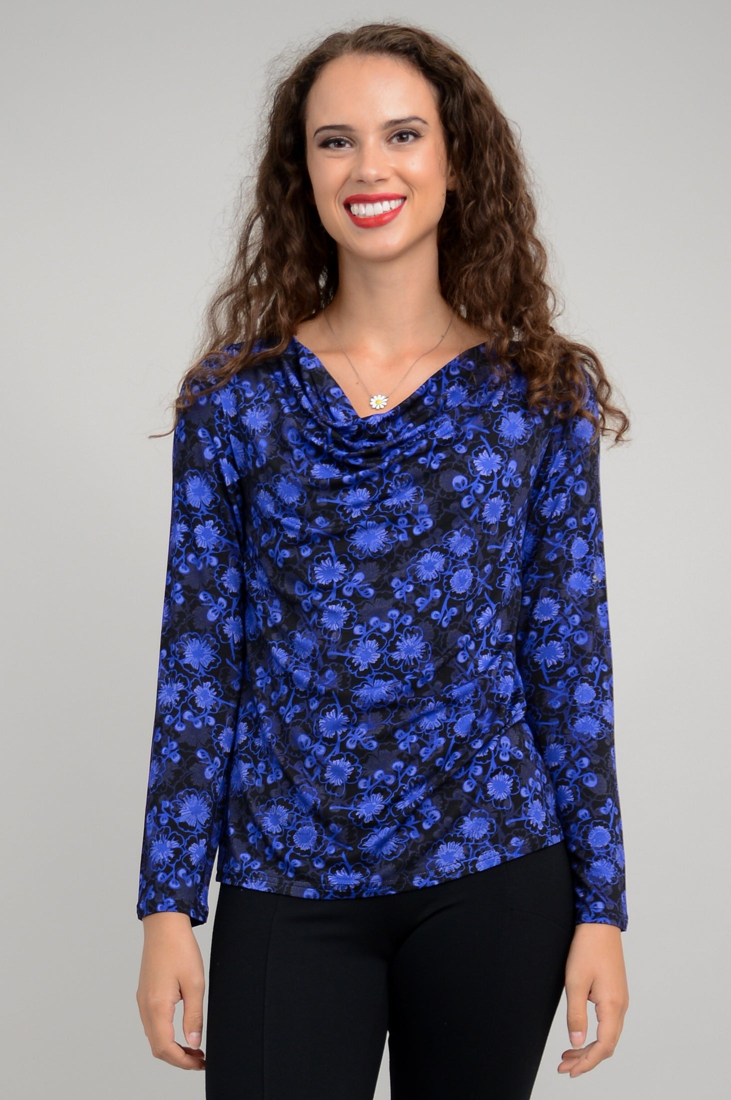 Charisse Women's Long Sleeve Blouse - Snow Flower Print Bamboo Fabric Soft Comfortable Tops for Work, Date Night & Casual Outings