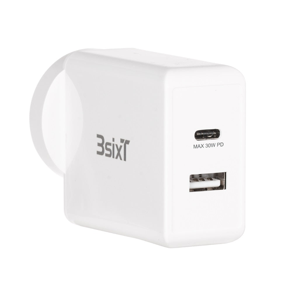 3sixT 30W USB C Wall Charger with PD Fast Charging & 2.4A Port - Compact Travel Charger for iPhone, Samsung, iPad, MacBook - Perfect for Home, Office & Travel Use