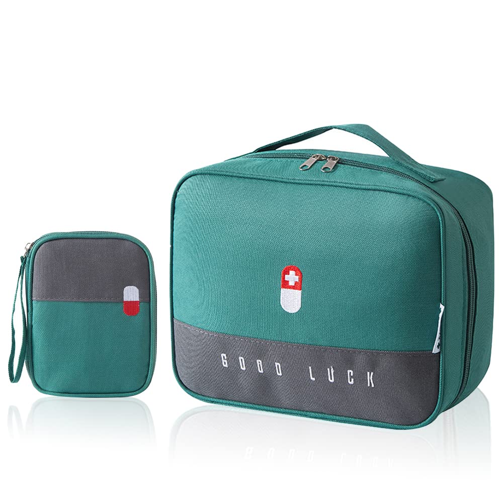 2 Sizes Empty First Aid Bags with Small Medical Pouch - Insulated Survival Medicine Organizer | Portable Medication Travel Carrying Case with Handle for Car, Home, Camping, Office & Workplace (Green) | Perfect for Emergency Kits, Outdoor Adventures & Daily Medical Storage