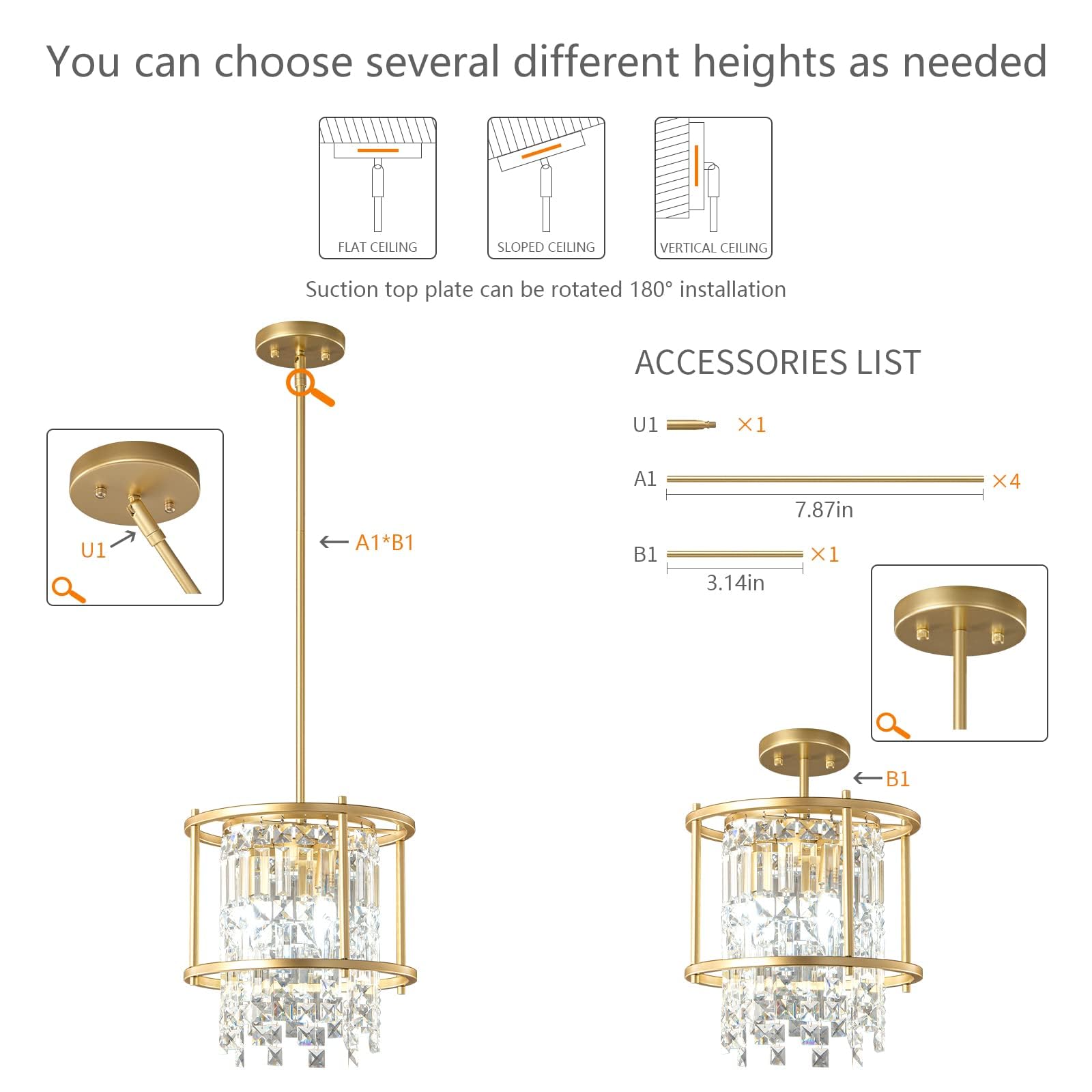 LMQNINE Modern Gold Crystal Pendant Light Fixture - 3-Light Semi Flush Mount Chandelier for Kitchen Island, Dining Room, Hallway, Entryway, Bedroom & Balcony | Elegant Lighting for Home Decor & Interior Design