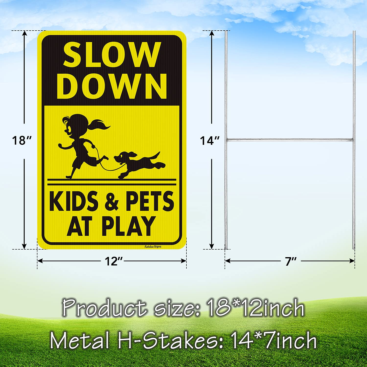 Slow Down Signs for Kids and Pets at Play - 18 x 12 Inch Double-Sided Corrugated Plastic Yard Sign with Stake (2 Pack) - Waterproof, Weather Resistant & Non-Fading - Easy to Assemble - Perfect for Neighborhoods, School Zones & Play Areas