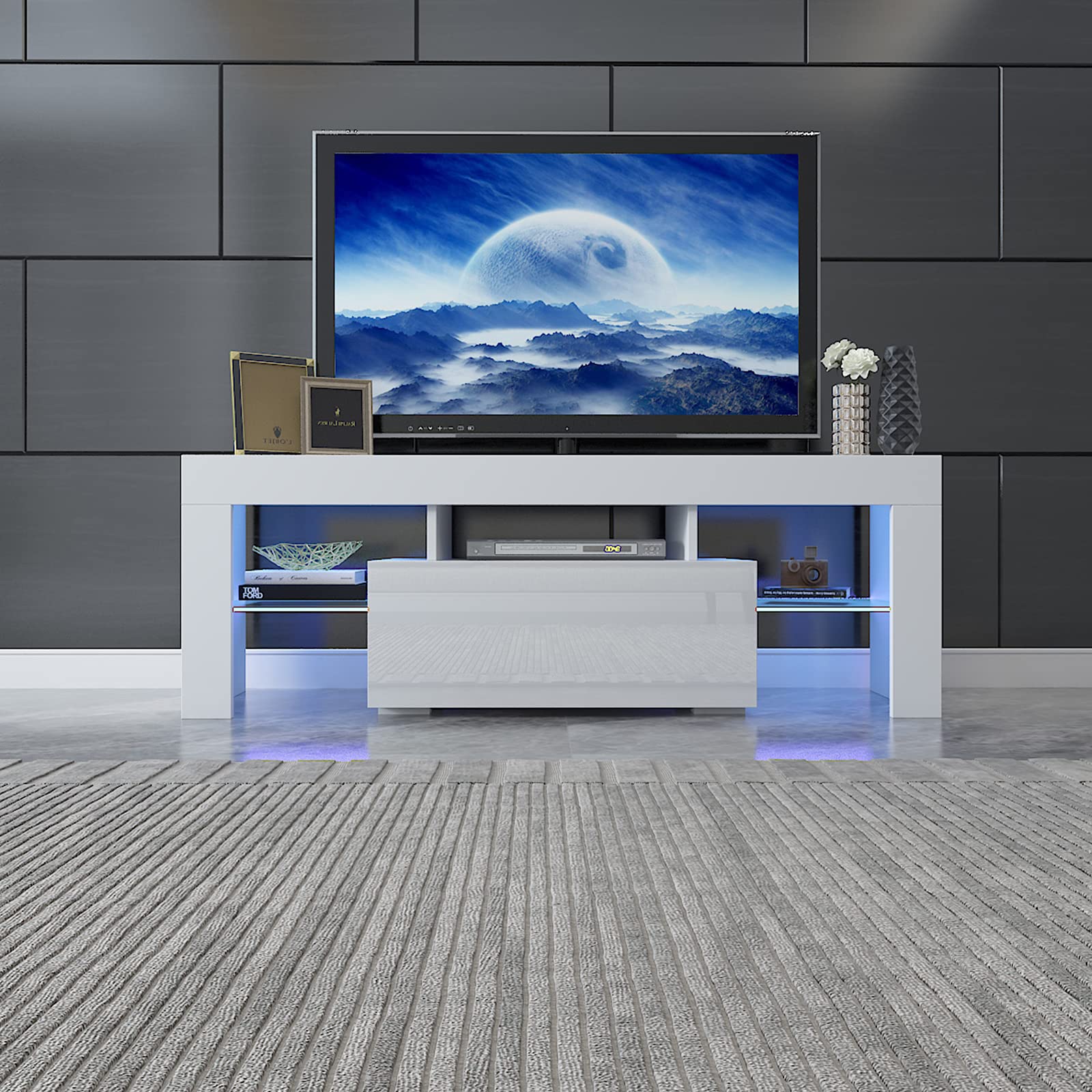 Modern White TV Stand with High-Gloss Finish & LED Lights - 51