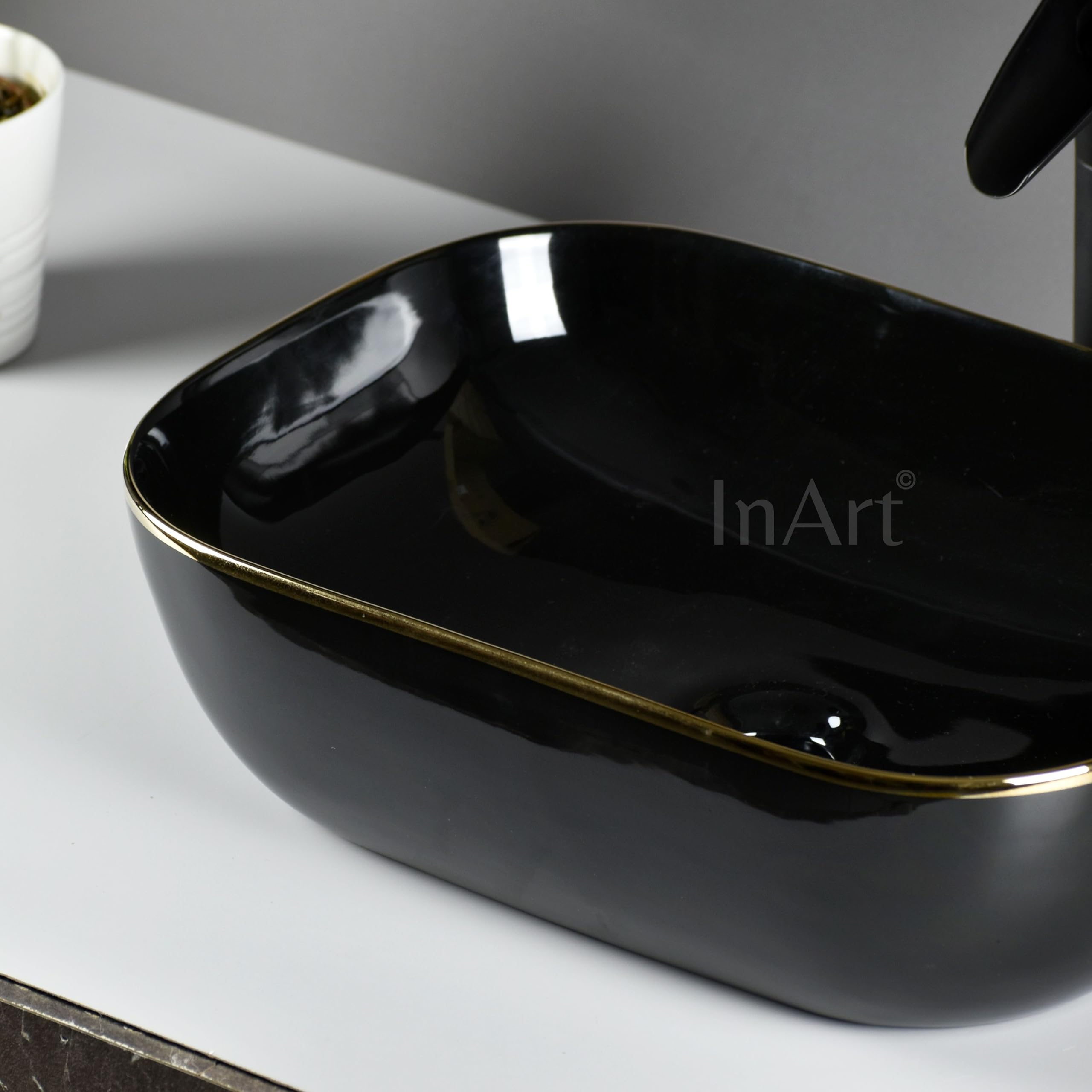 InArt Designer Ceramic Wash Basin - 18x13x5 Inch Glossy Finish Countertop Bathroom Sink - Black Gold - Perfect for Modern Bathrooms, Powder Rooms & Vanity Makeovers