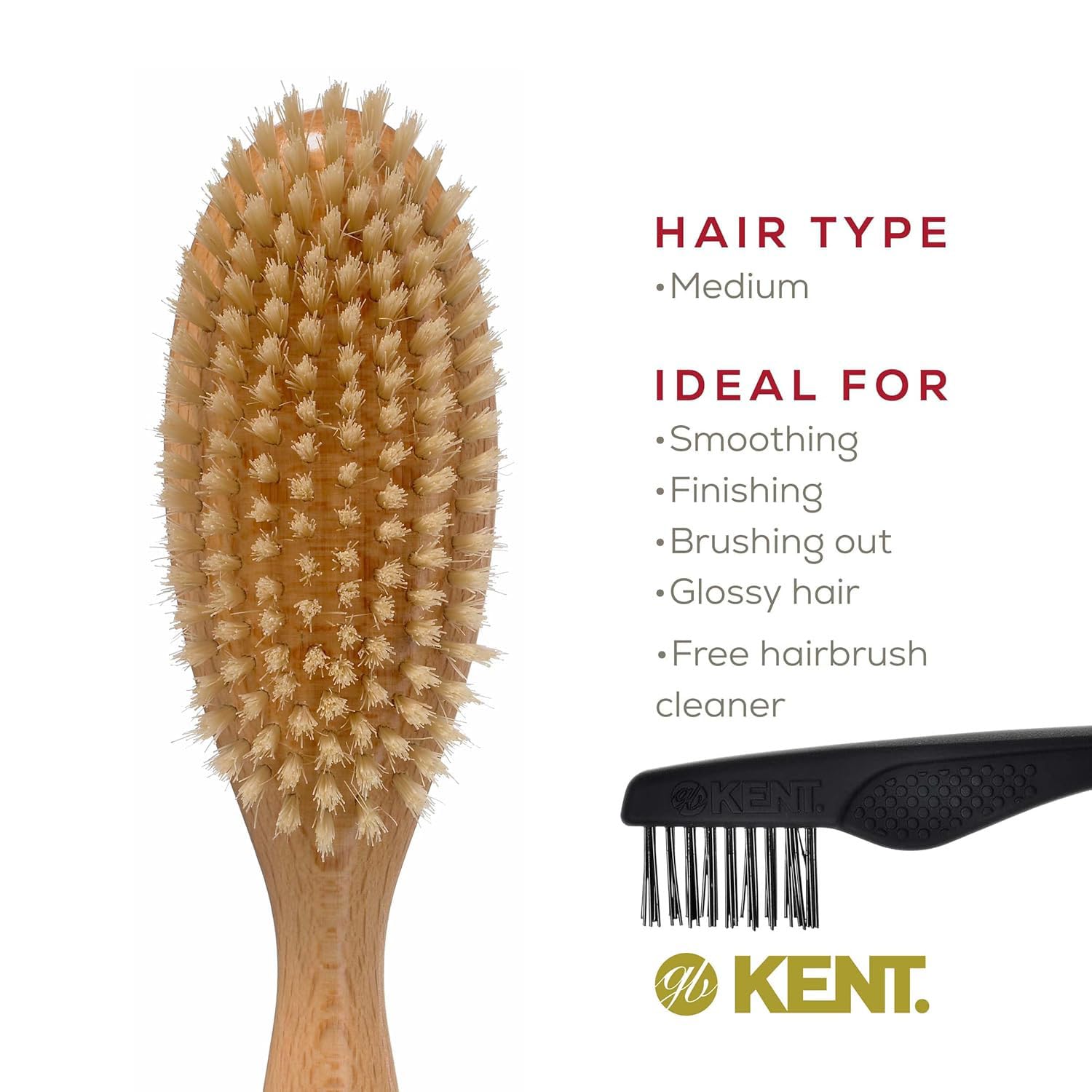Kent Brushes Finest Oval Satin Wood White Bristle Hair Brush for Women - Perfect for Styling, Detangling & Smoothing Hair at Home or Salon