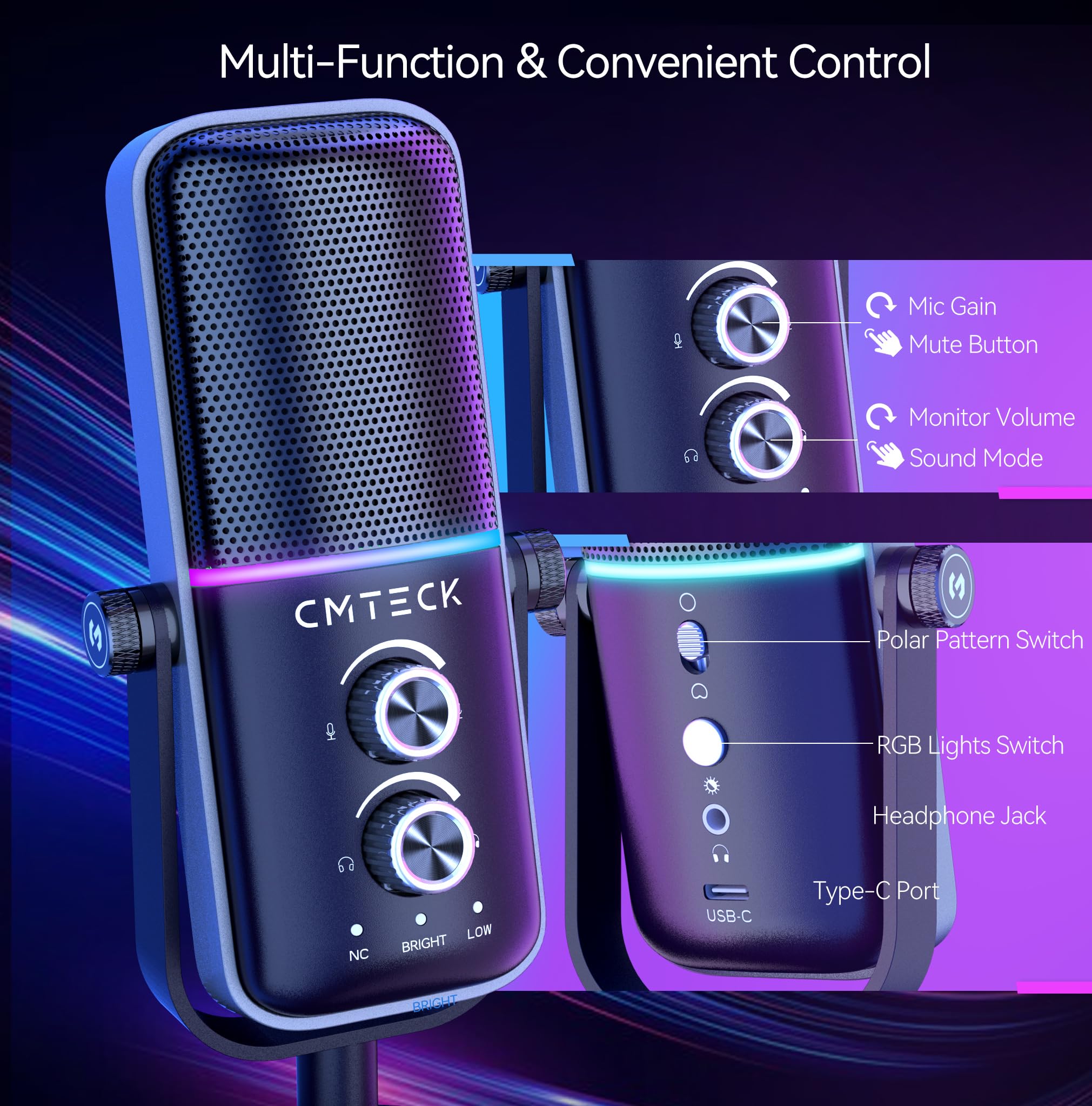 CMTECK Professional Gaming Microphone Kit - Dynamic PC Mic with RGB Lighting, Boom Arm Stand, Mute Button & Gain Control - 3 Sound Modes for Streaming, Podcasting & Voice Recording (Ideal for Twitch, Discord & YouTube Content Creation)