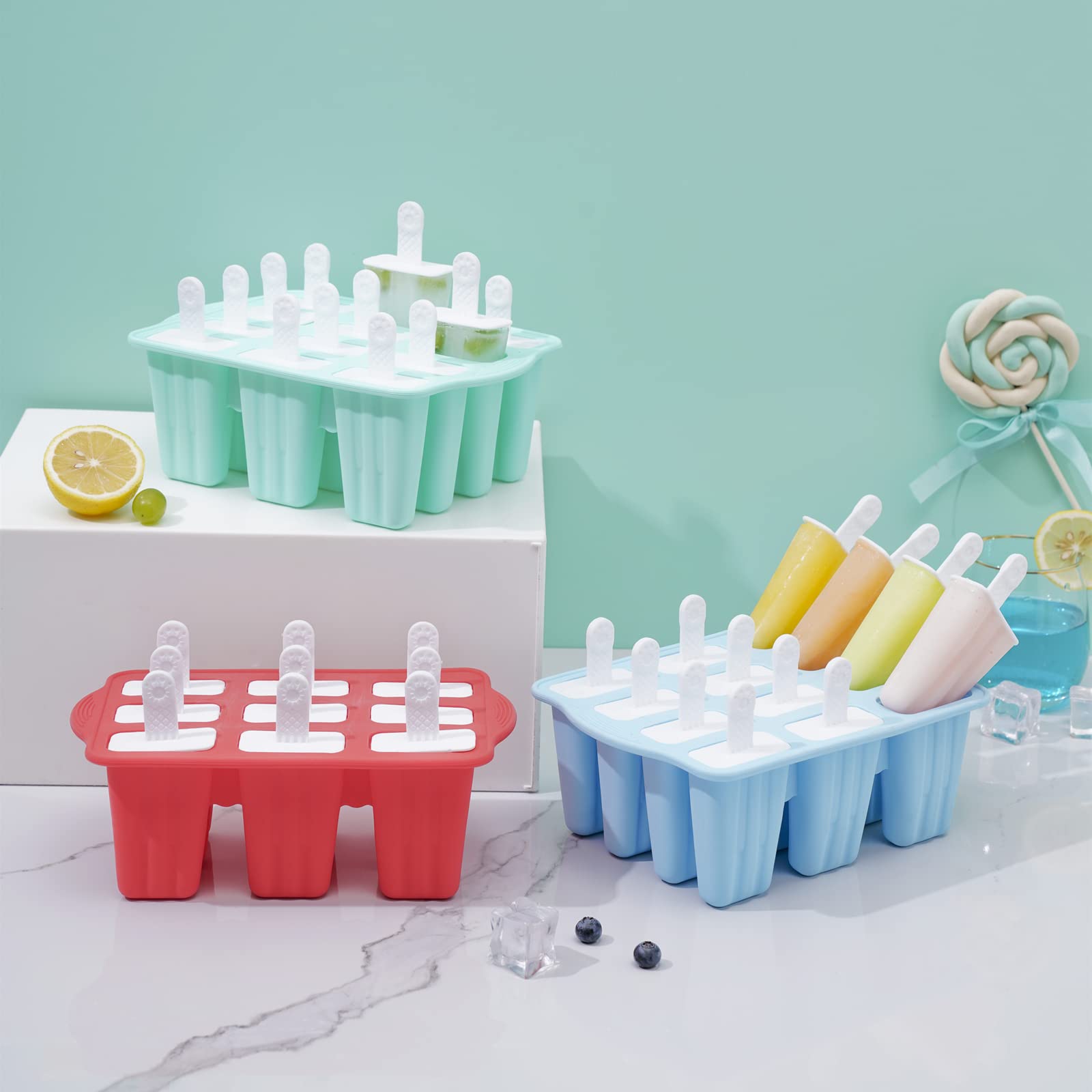 12-Piece Silicone Popsicle Molds BPA Free with 14 Sticks - Reusable, Easy Release Ice Pop Maker for Kids & Adults (Green, 12 Cavities) - Perfect for Summer Treats, Birthday Parties & Family Fun