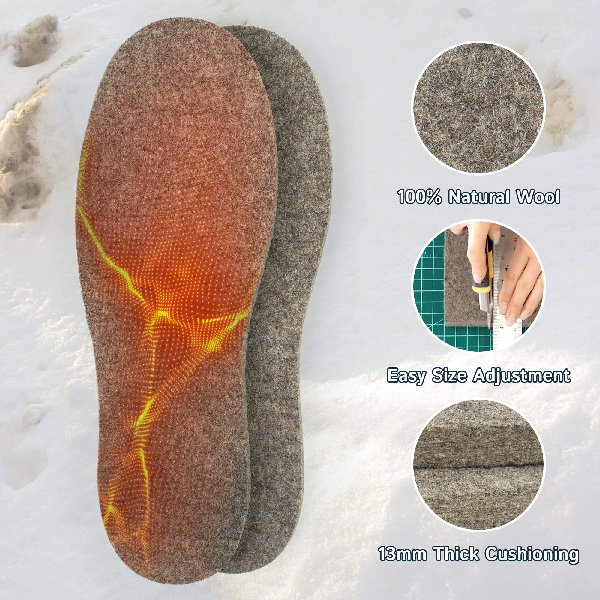 Premium Wool Felt Insoles for Men & Women - 13mm Thick Cushioned Shoe Inserts - Breathable & Durable for Winter Boots, Work Shoes & Outdoor Activities - All-Day Comfort for Hiking, Office & Cold Weather Wear