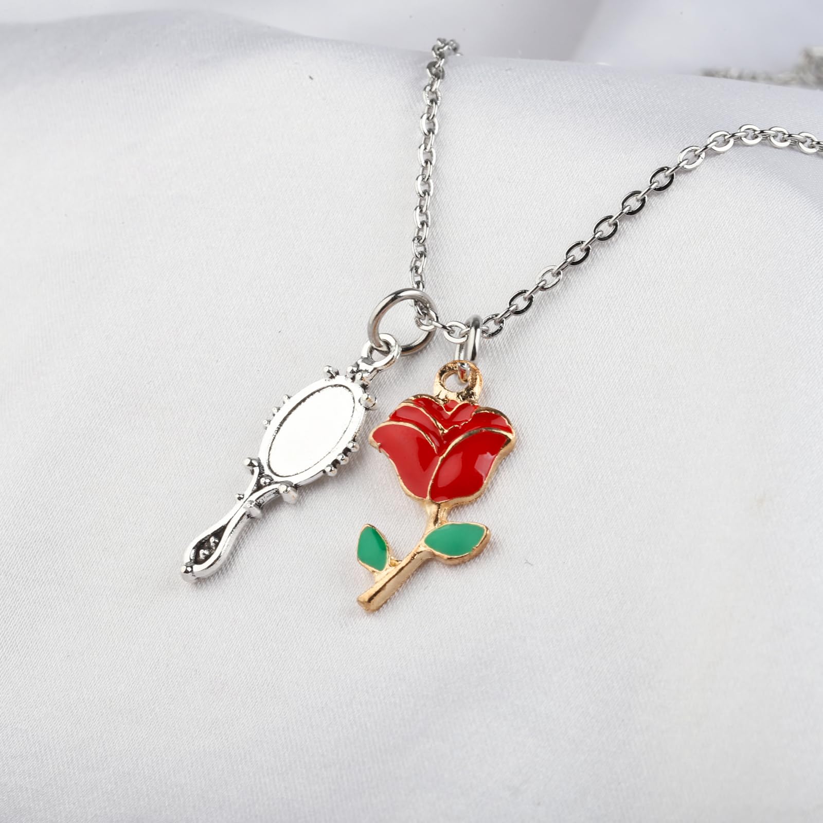 UJIMS Beauty and the Beast Inspired Mirror & Rose Charm Necklace - Belle Princess Jewelry Gift for Disney Fans - Perfect for Cosplay, Birthday, Anniversary & Fairy Tale Themed Events