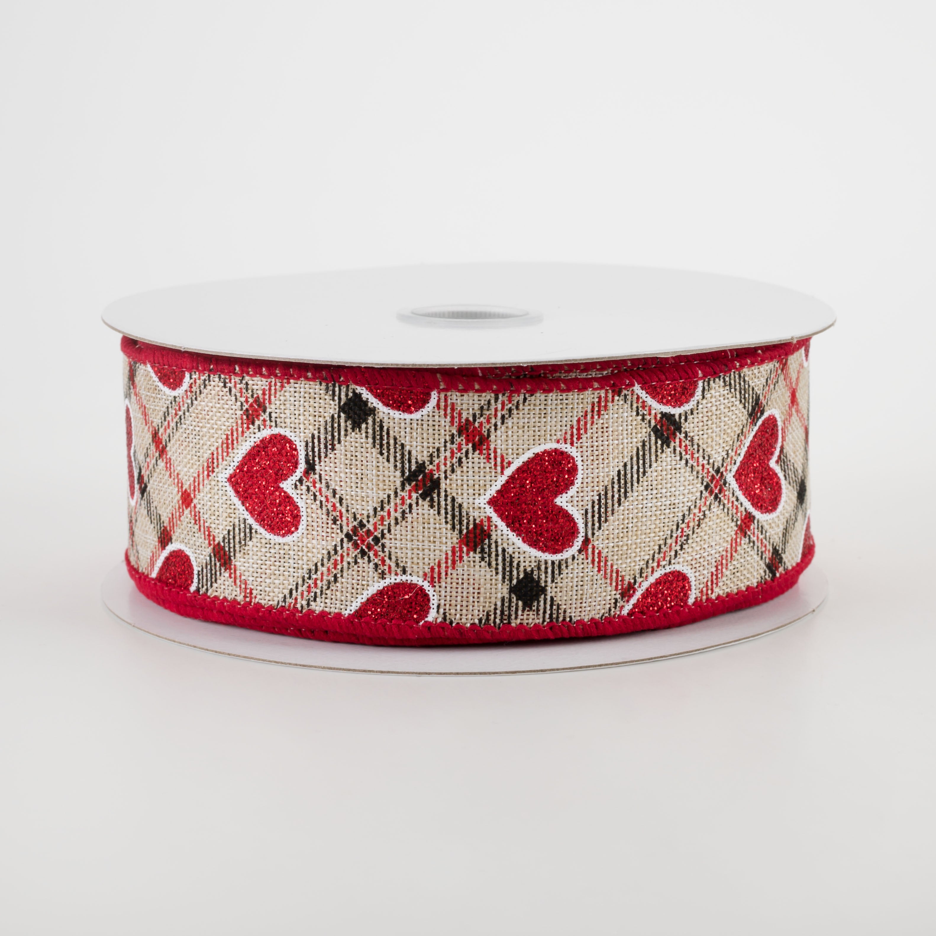 1.5 Inch Red Glitter Hearts on Argyle Ribbon - Natural Cotton Craft Ribbon (10 Yards) for DIY Scrapbooking, Gift Wrapping & Party Decorations