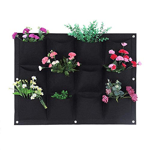 Yosoo 12-Pocket Vertical Hanging Garden Grow Bag - Biodegradable Wall Planter for Herbs, Flowers & Vegetables | Indoor/Outdoor Gardening Solution (Black)