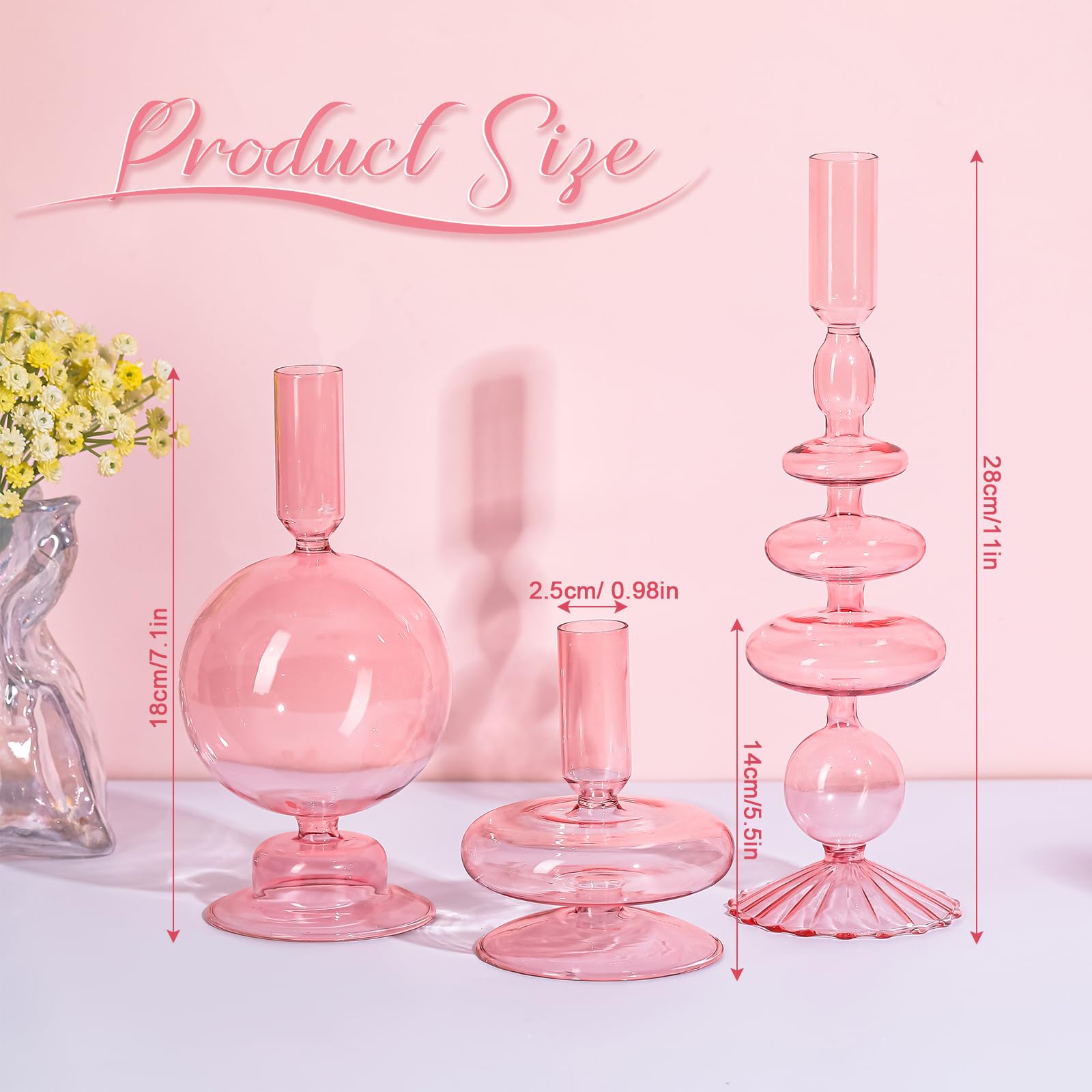 Rtteri 3-Piece Set of Elegant Groovy Wavy Glass Taper Candlestick Holders - Pink Decorative Candle Holders for Home Decor, Wedding Centerpieces & Party Table Settings