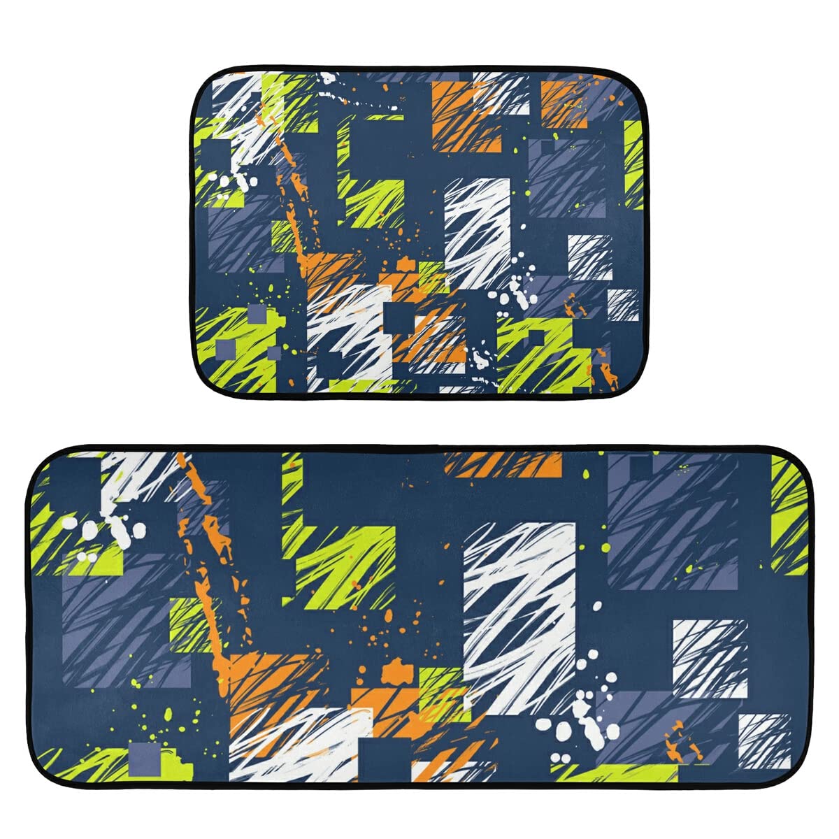 Abstract Grunge Squares Non-Slip Washable Kitchen Rugs Set of 2 - Anti-Skid Floor Mats for Kitchen Sink, Laundry Room & Home Decor | Perfect for High-Traffic Areas, Pet-Friendly Homes & Modern Farmhouse Style