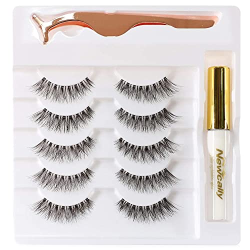 Newcally 5 Pairs Wispy 3D False Eyelashes Set with Glue - Natural Fluffy Volume Long Strip Lashes, Handmade Luxurious Fake Eyelashes for Daily Wear, Party & Special Occasions