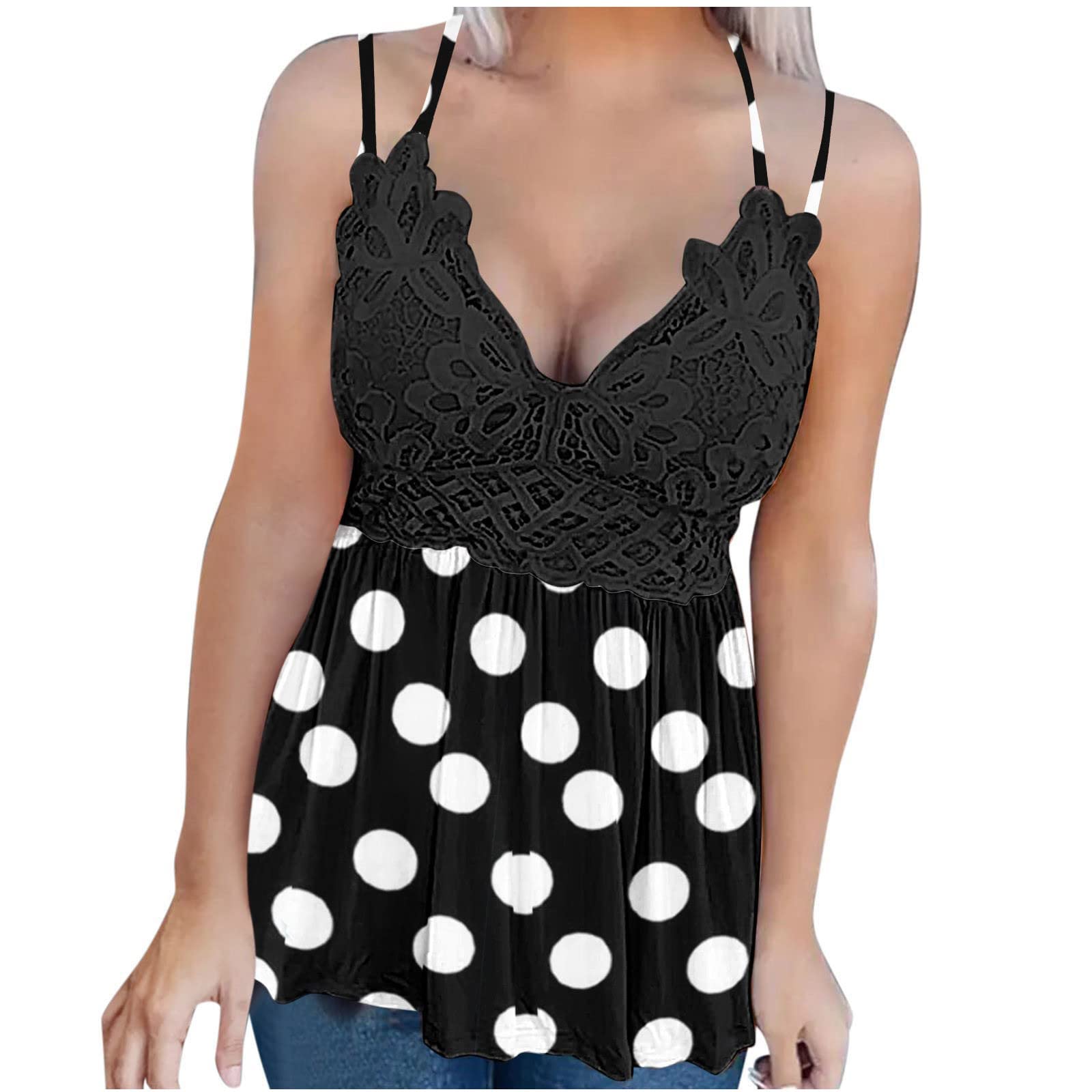 Women's Fashion Lace Patchwork Printed Vest Sleeveless Blouse with Suspenders - Casual Going Out Tops for Summer, Parties, and Date Nights