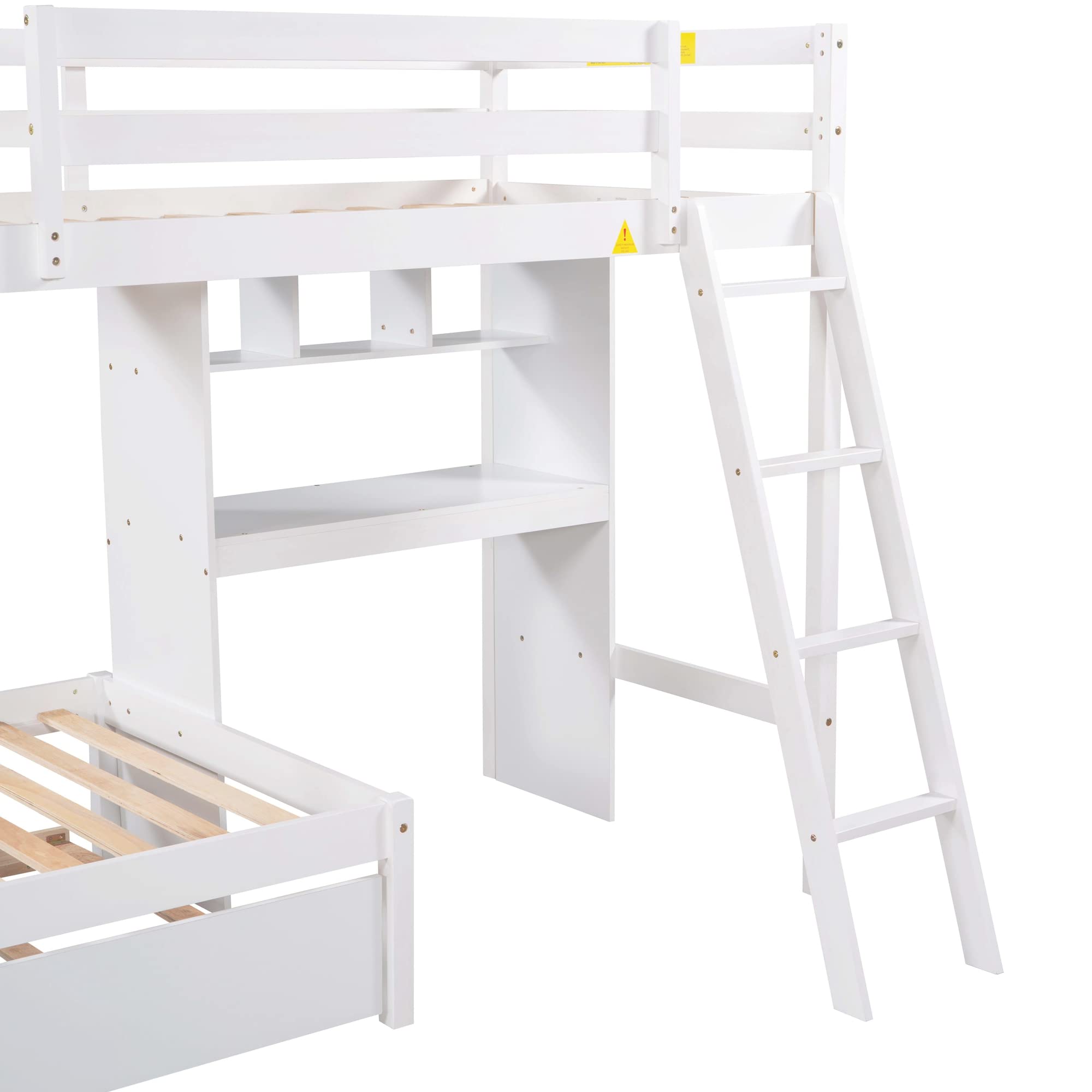 Convertible Twin Over Twin Wooden Bunk Bed with Built-in Desk, Bookshelves & Trundle - 3-in-1 Space Saving Design (White) - Perfect for Kids' Bedroom, Guest Room & Small Spaces