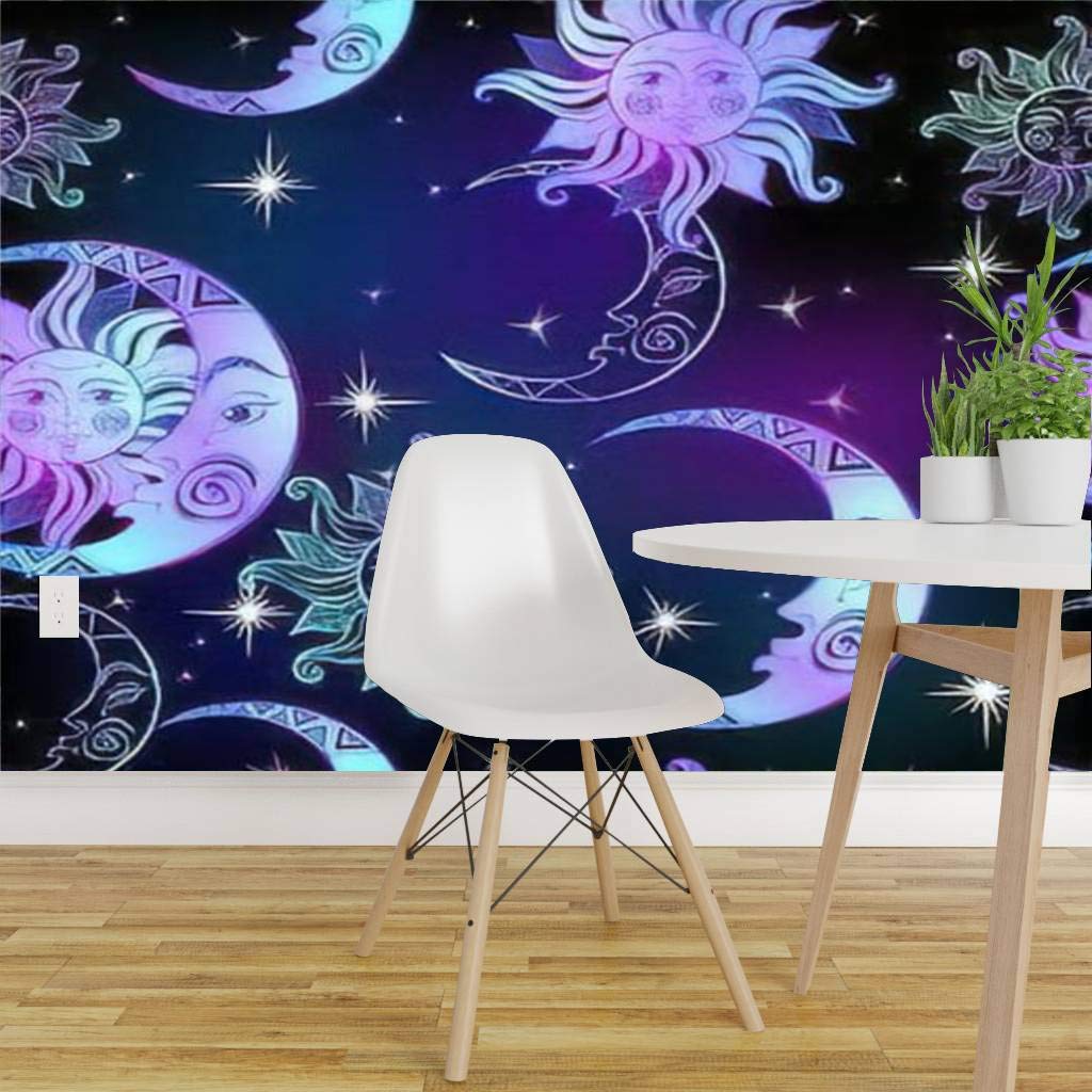 Self-Adhesive Space Wall Mural - Sun Moon Stars Night Sky Peel & Stick Wallpaper | Large Removable Vinyl Film Roll for Home Decor, Nursery, Bedroom & Living Room Wall Covering