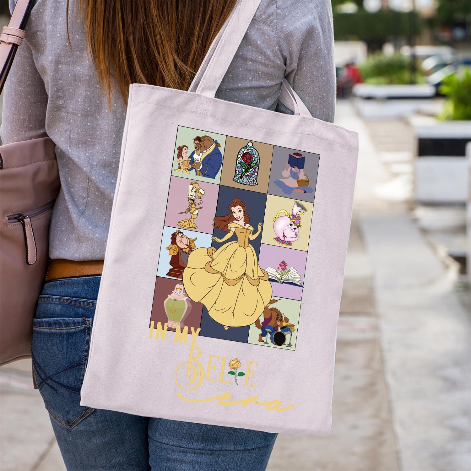 WCGXKO Disney Princess Tote Bag - Beauty and the Beast Inspired Movie Gift for Fairy Tale Fans - Perfect for Cosplay, Conventions & Disney Theme Park Trips
