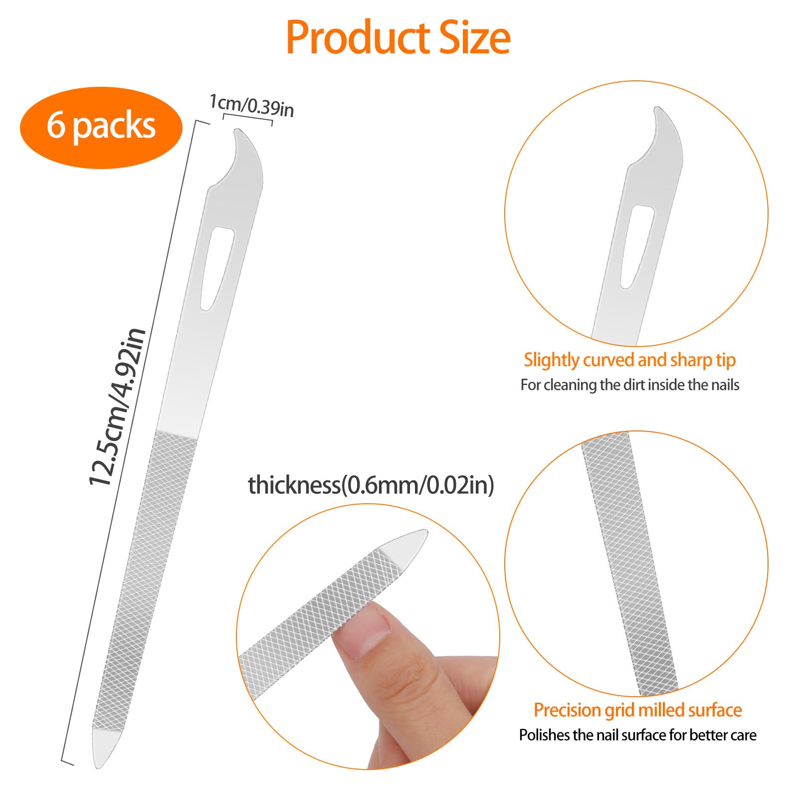 6-Piece Stainless Steel Nail File Set with Diamond Buffer & Cleaner Tip - 5.5