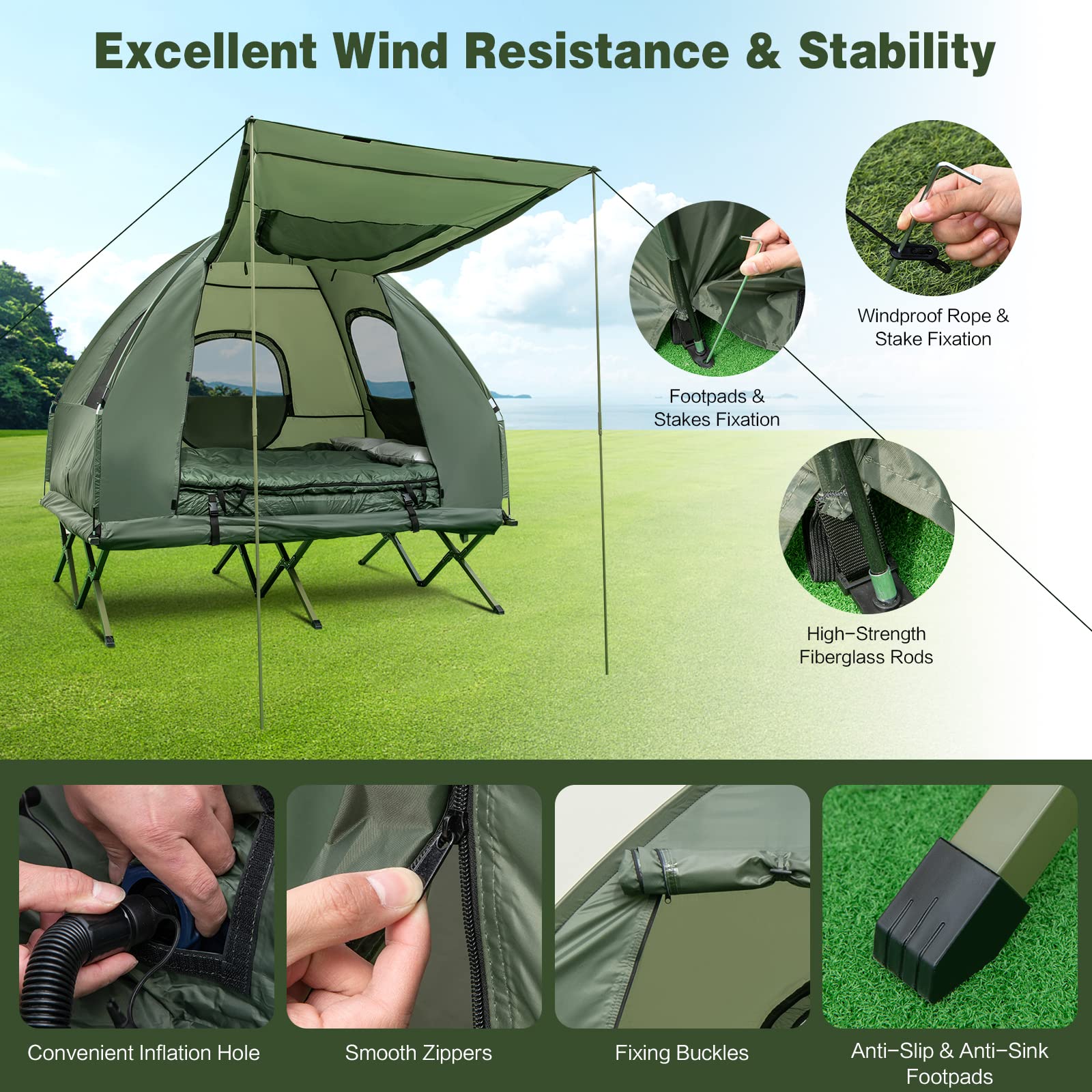 Moccha Folding Camping Tent Cot with Sleeping Bag & Air Mattress - Elevated Portable Outdoor Sleeping System for Camping, Hiking, Backpacking & Picnic - Includes Carry Bag for Easy Transport