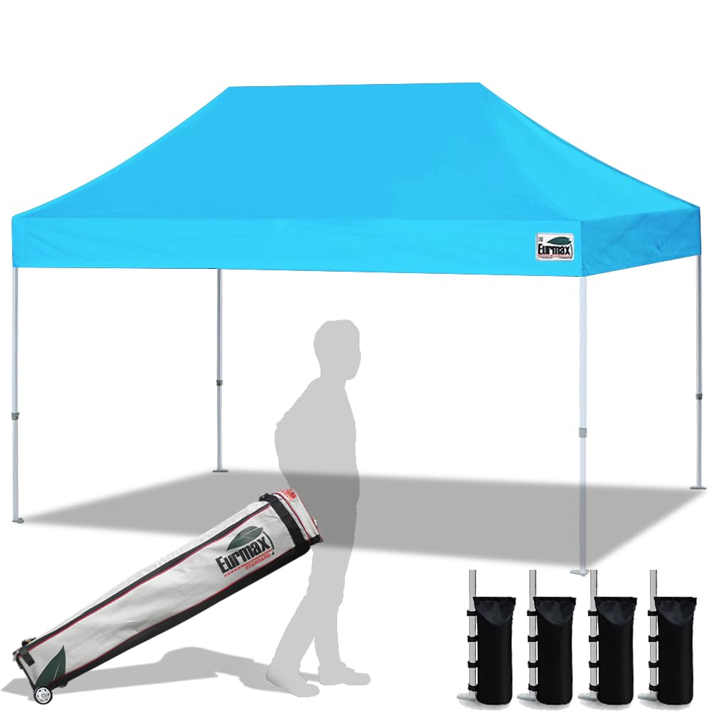 Eurmax USA 10x15 Feet Commercial Pop Up Canopy Tent - Heavy Duty Instant Shelter with Roller Carry Bag & 4 Bonus Sand Weight Bags (Sky Blue) - Perfect for Outdoor Events, Farmers Markets, Beach Parties and Tailgating